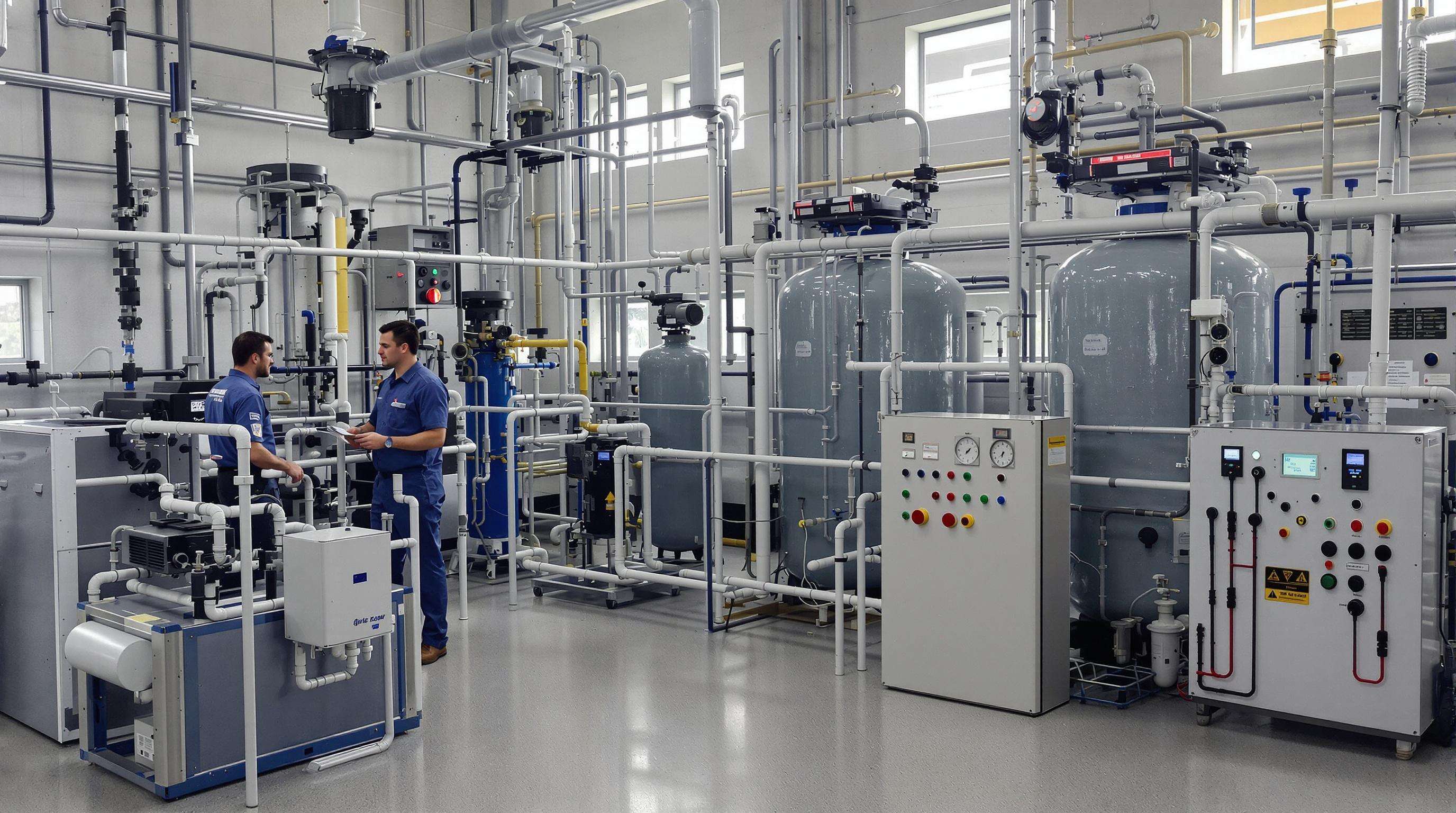 Photorealistic scene of a water treatment plant with filtration tanks, carbon dosing equipment, sensors, and operators at digital control panels.