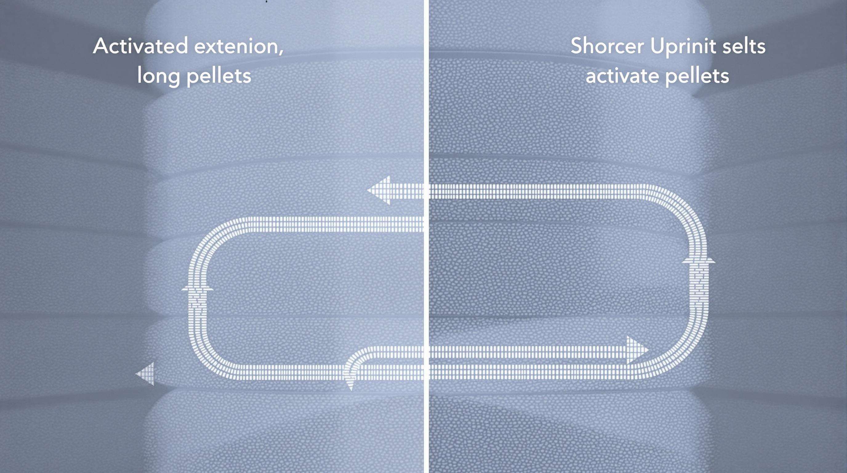 Inside a purification tower illustrating air flowing through short and long carbon pellets, showing how pellet length affects airflow and contact time.