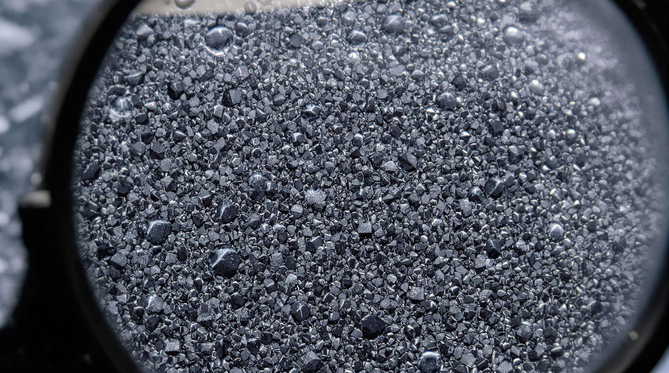 Highly magnified view of porous powdered activated carbon particles, with water droplets in the background