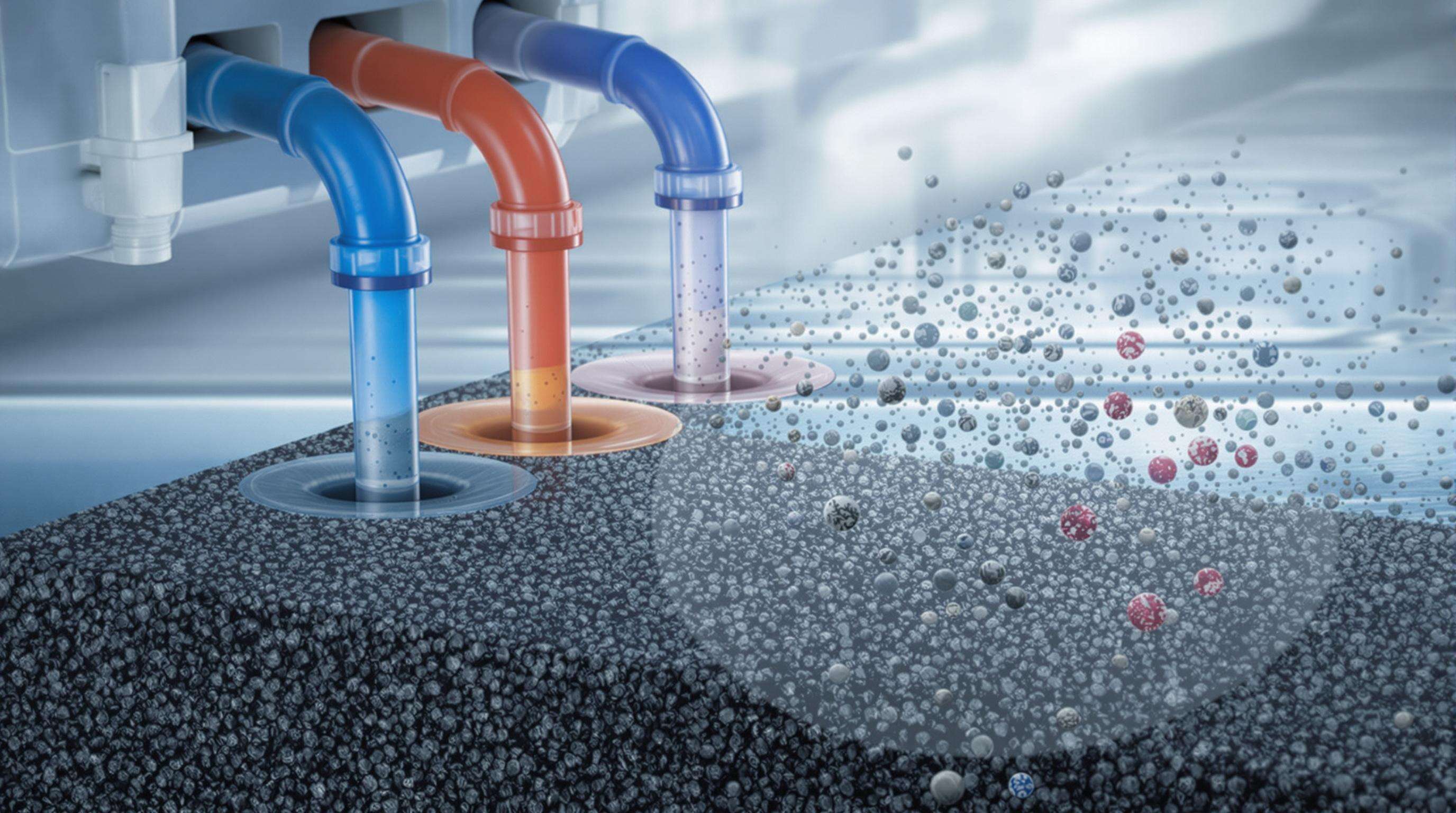 Photorealistic scene of mixed chemical streams entering a filtration system, illustrating contaminant competition in activated carbon media