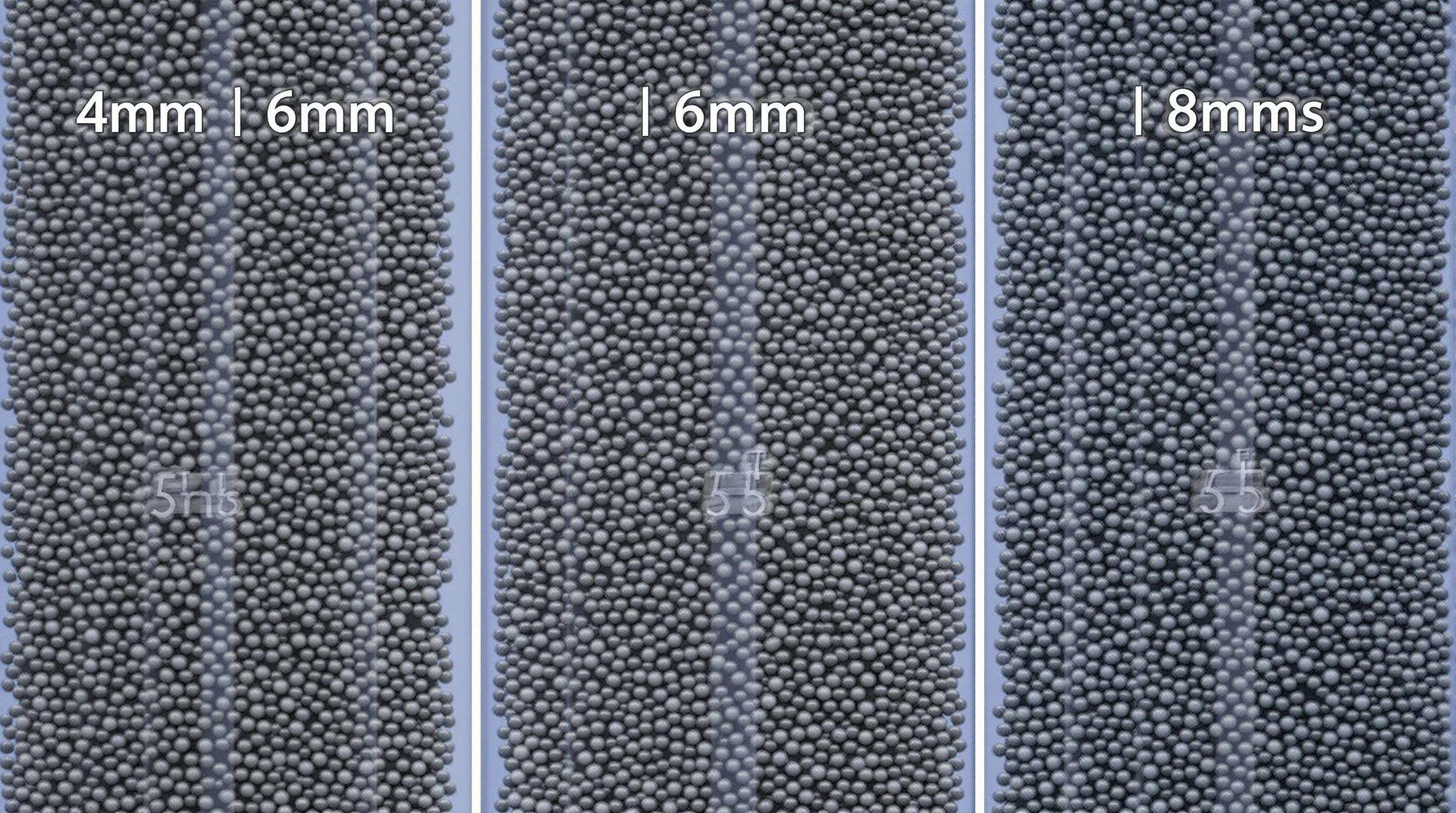 Three columns showing 4mm, 6mm, and 8mm activated carbon pellets, highlighting differences in packing and flow paths in industrial towers.