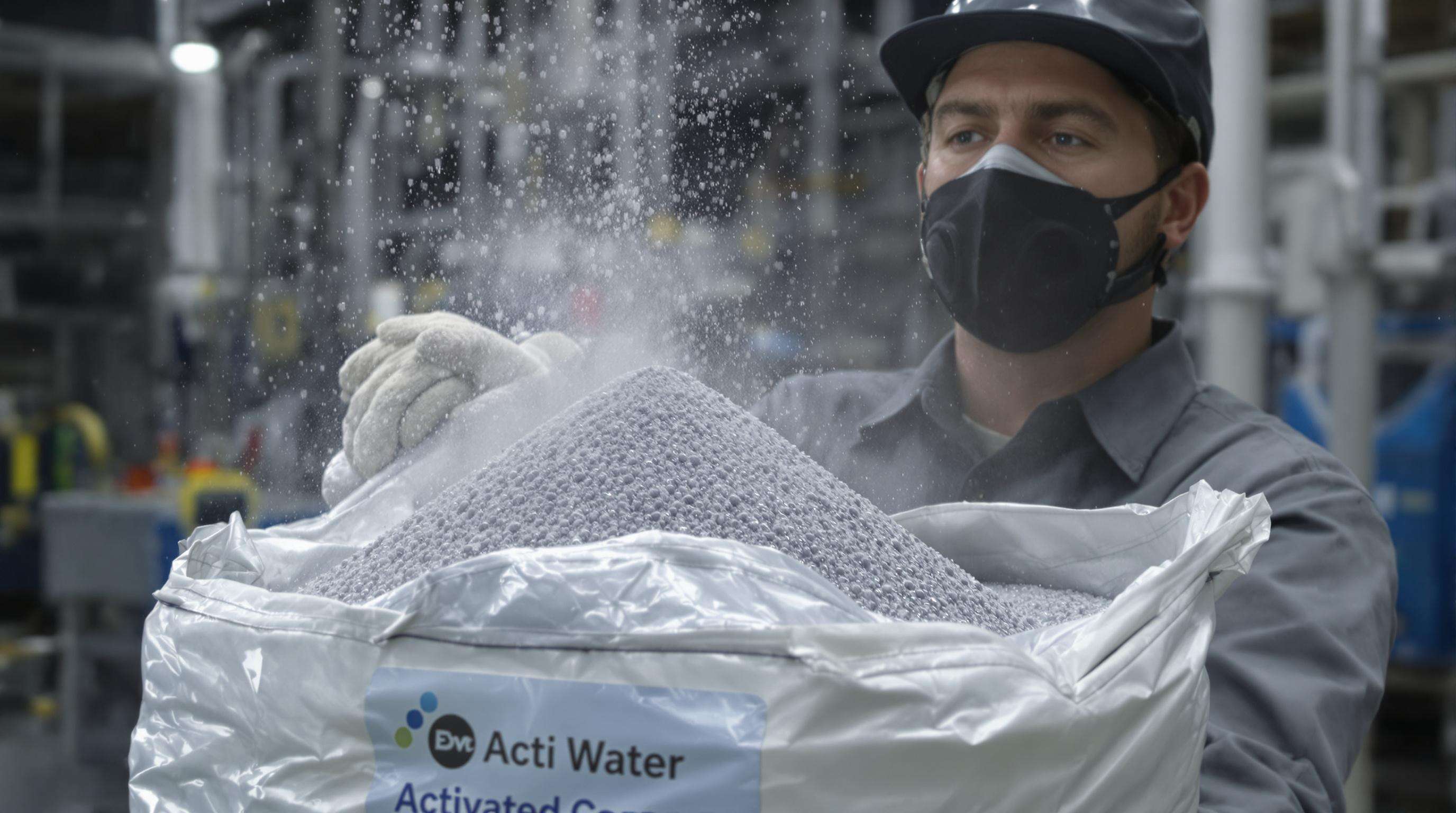 Worker safely handling a sealed container of powdered activated carbon with minimal dust in a water treatment facility