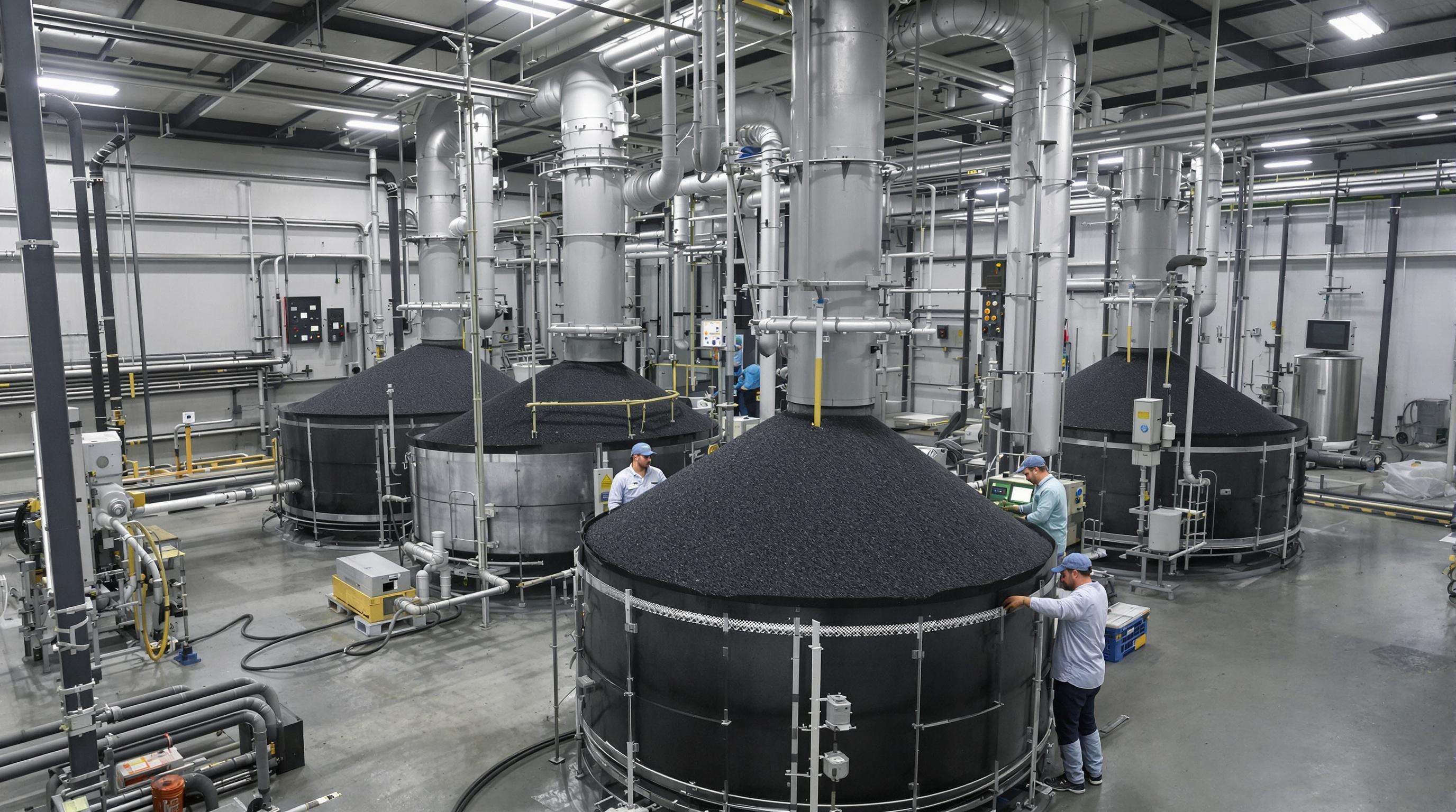 Industrial thermal reactivation facility with workers handling granular activated carbon
