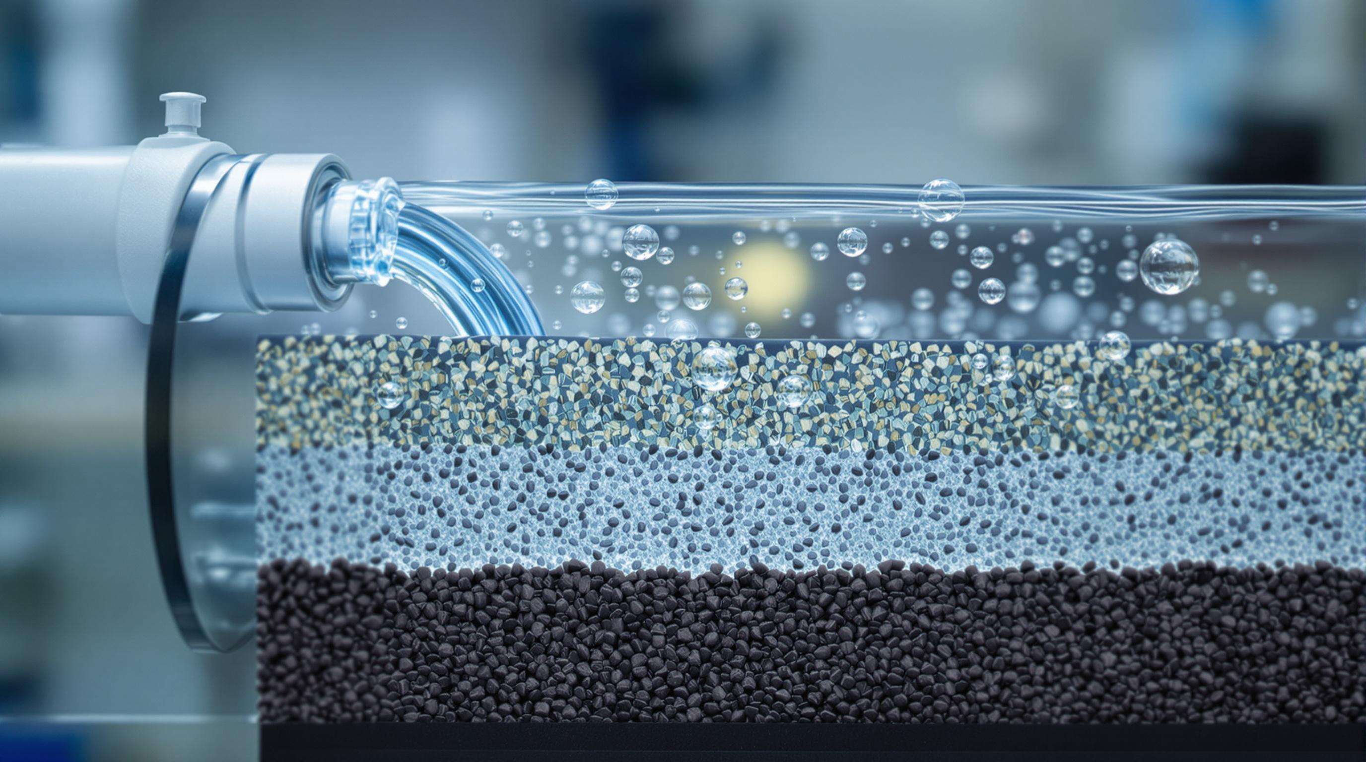 Photorealistic cross-section of a water filter showing activated carbon trapping particles and forming biofilm layers as water flows through.