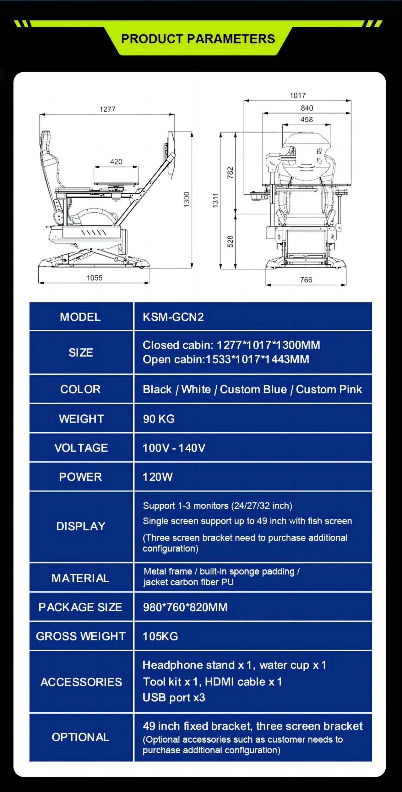 KSM-GCN2 Fully Recline Gaming Chair Cockpit Gaming Gamer Desk and Chairs Zero Gravity Design Best Chair Most Comfortable details