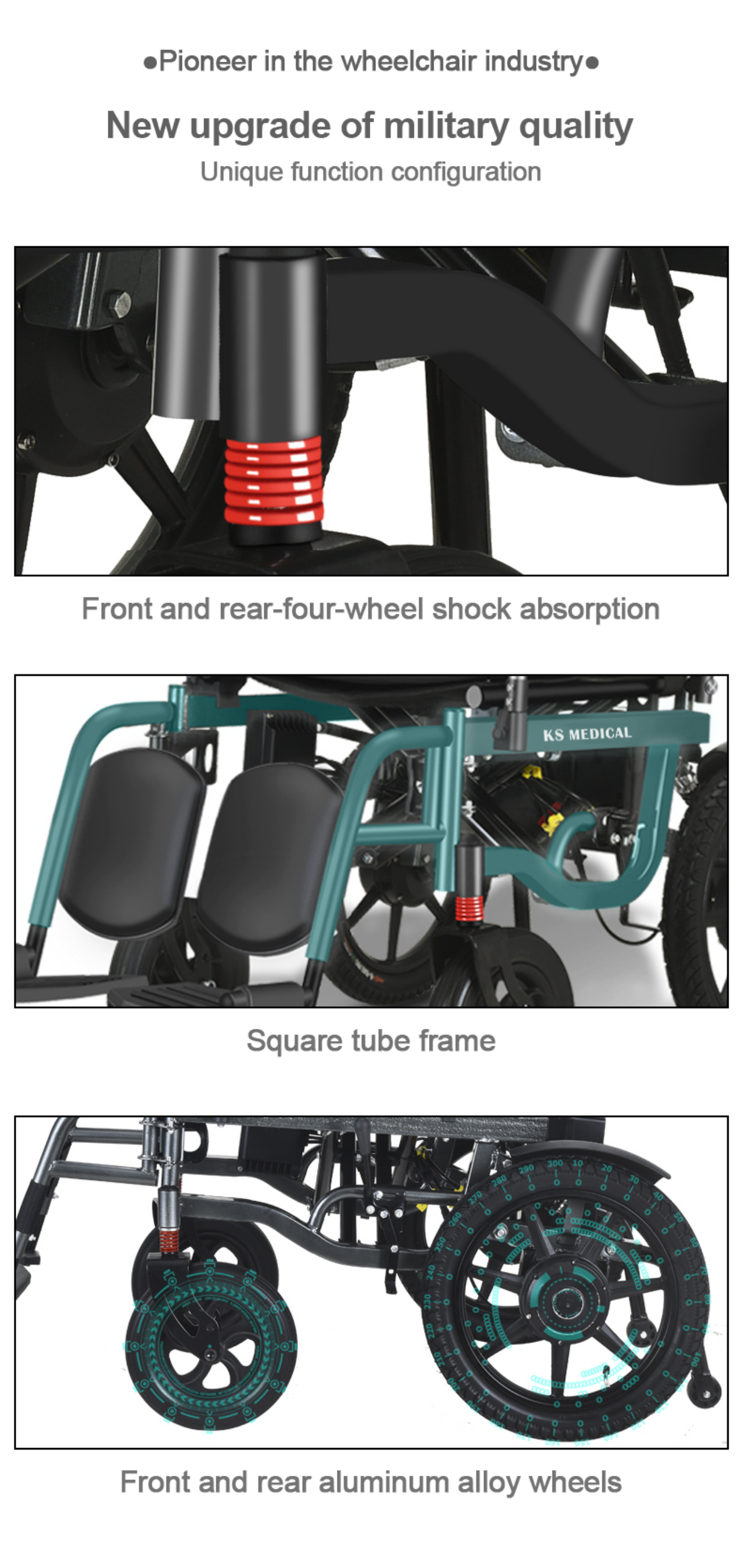 KSM-508 wheelchair with high back backrest 90-160/180 and legrest 90-180 adjustable electric foldable and reclining wheelchair manufacture