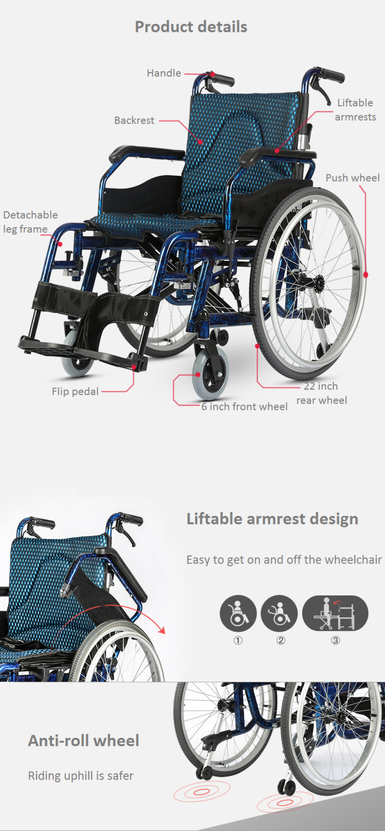 KSM-201 High Quality Lightweight Manual hoome Wheelchair Portable Folding Hand Push Adult Disabled Elderly details