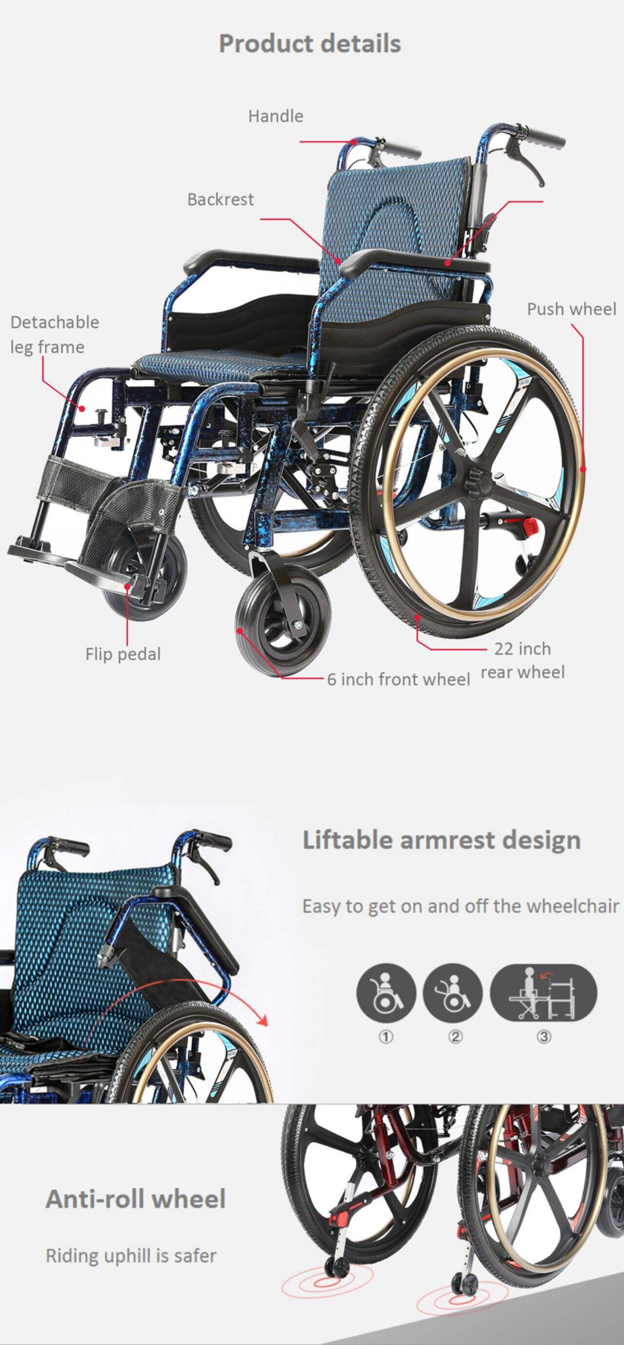 KSM-201P New Design Portable Smart-Wheelchair Manual with Parking Function 24′′quick Remove Big Wheels Manual Wheelchair details