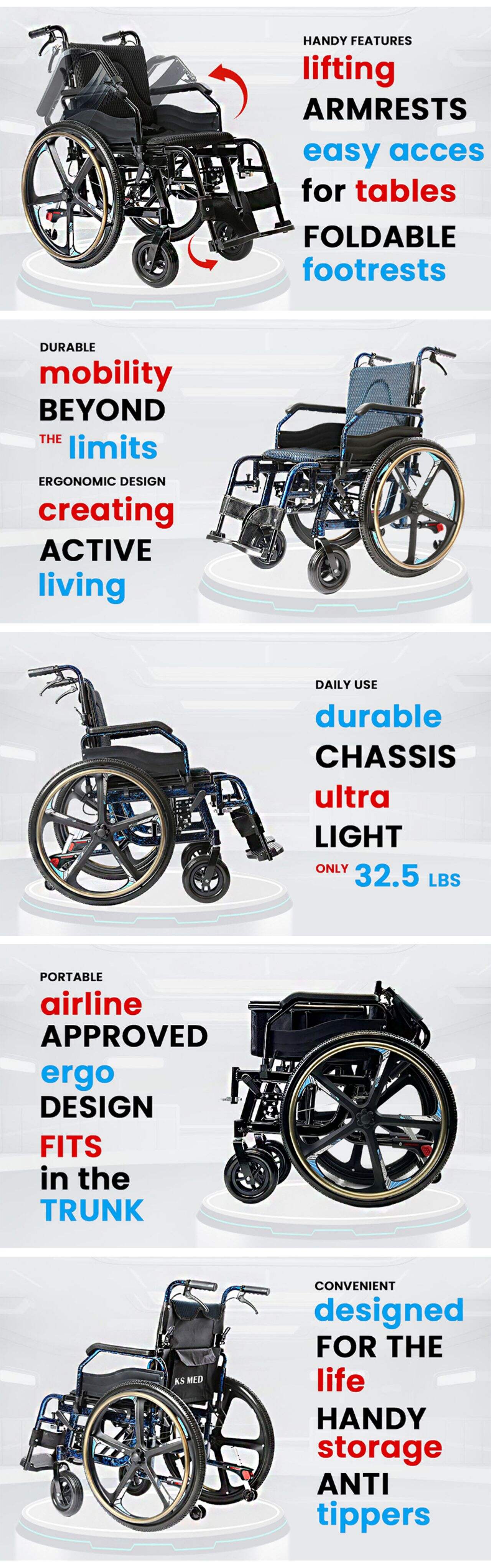 KSM-201P New Design Portable Smart-Wheelchair Manual with Parking Function 24′′quick Remove Big Wheels Manual Wheelchair factory