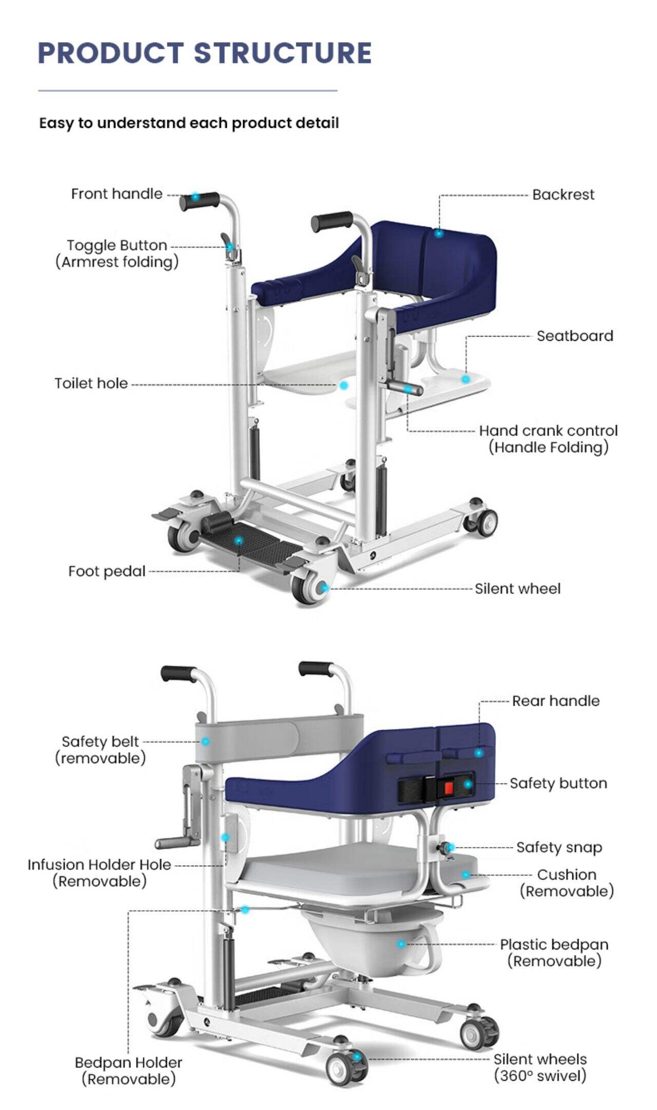 KSM-209 Multifunctional manual disabled patient lift transfer chair with commode waterproof shower chair supplier