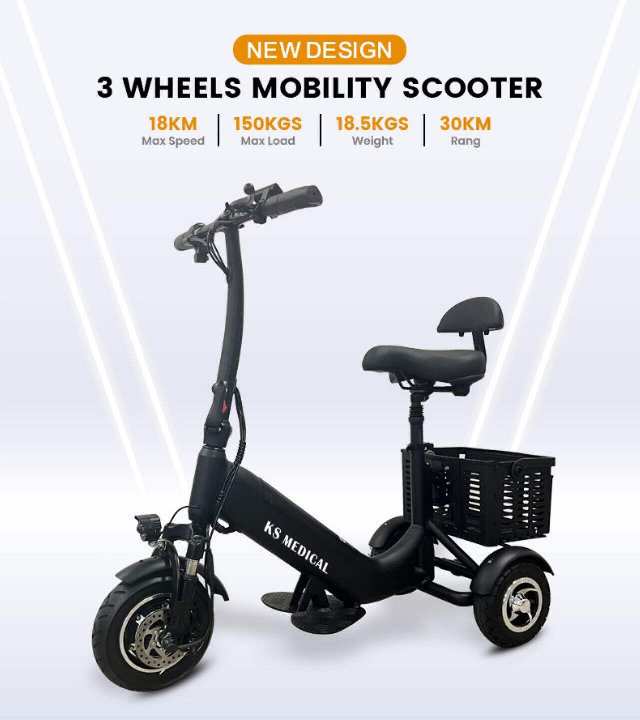 KSM-902B Foldable 3 Wheel Adults Electric Scooter for Old Elderly People Travel Mobility 3 Wheel Handicapped Scooters manufacture