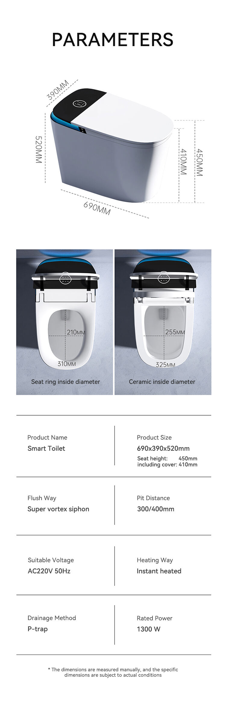 Toilettes intelligentes automatiques à chasse d'eau automatique avec capteur, toilettes électriques japonaises monobloc, toilettes commodes, détails