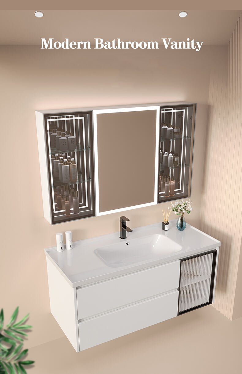 European modern solid wood bathroom cabinet furniture smart mirror wall mounted bathroom vanities details