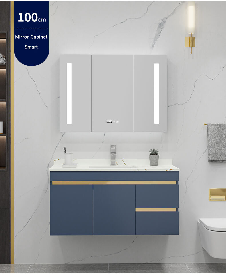 Modern European Blue Gold Design Wall Mount Bathroom Vanity Cabinet Basin Mirror Set Waterproof Bathroom Wash Basin Cabinet details