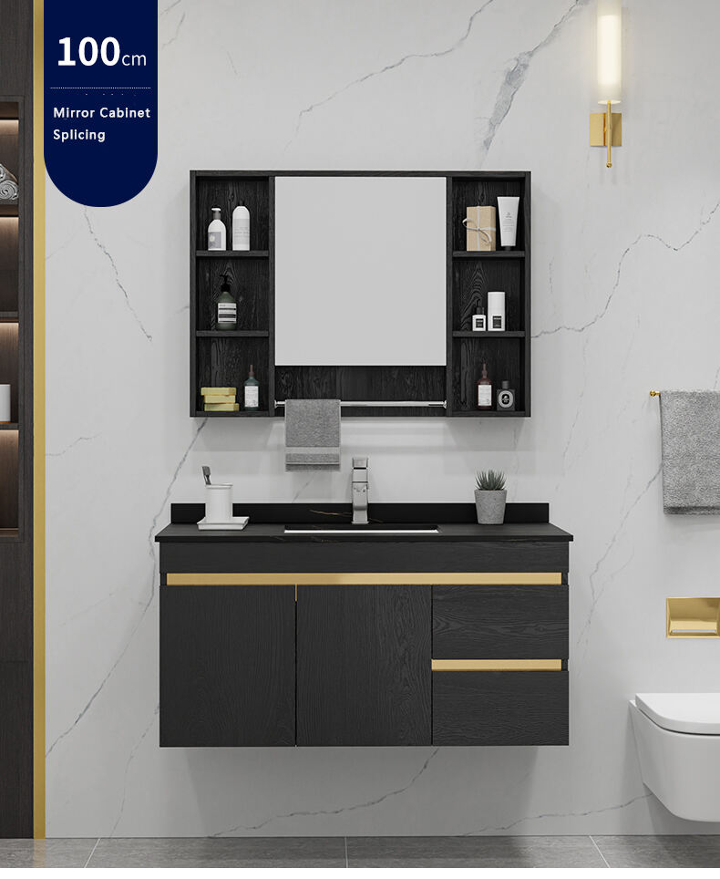 Luxury Black Gold Design Waterproof Solid Wood Cabinet Bathroom Vanity Sink Wall Mounted Bathroom Vanity For Bath Vanity Unit factory