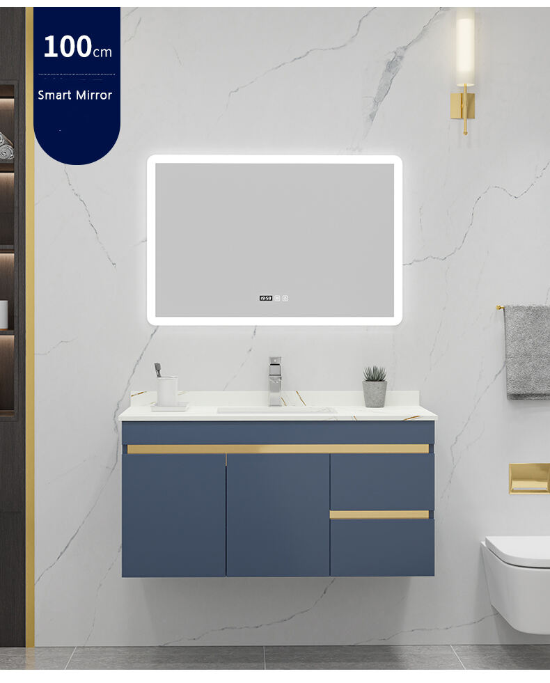 Modern European Blue Gold Design Wall Mount Bathroom Vanity Cabinet Basin Mirror Set Waterproof Bathroom Wash Basin Cabinet supplier