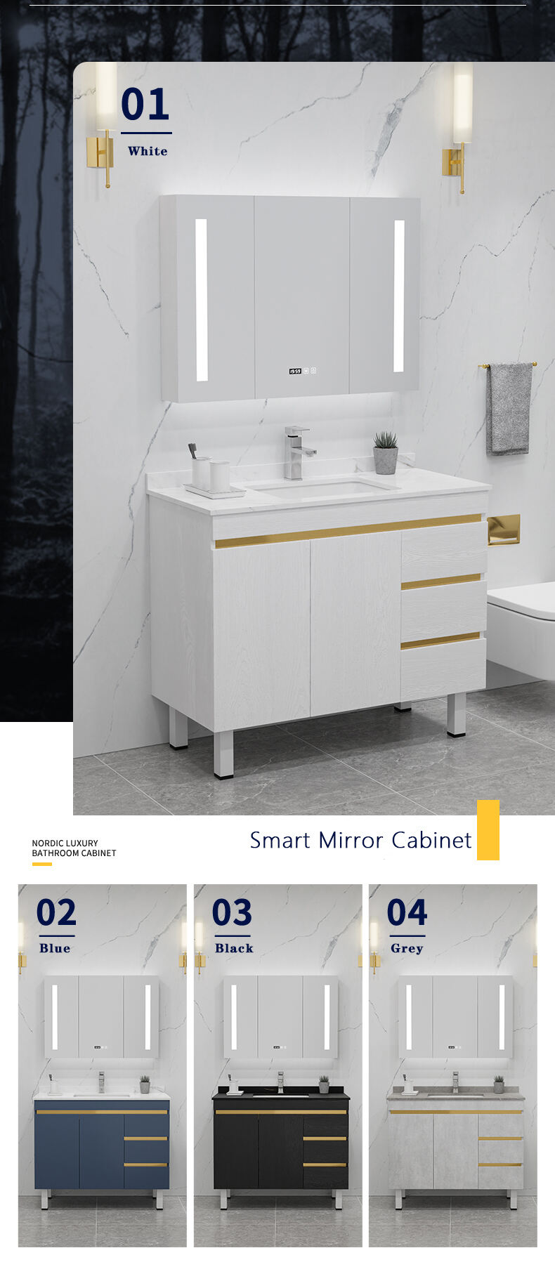 Hotel Washroom Furniture Luxury Solid Wood Floor Mount Bathroom Vanity Units Waterproof Bathroom Cabinet with Smart Mirror details