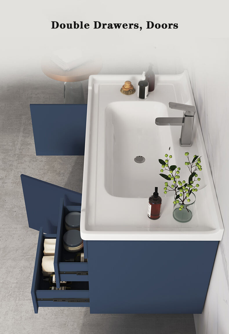 Modern European Blue Gold Design Wall Mount Bathroom Vanity Cabinet Basin Mirror Set Waterproof Bathroom Wash Basin Cabinet details