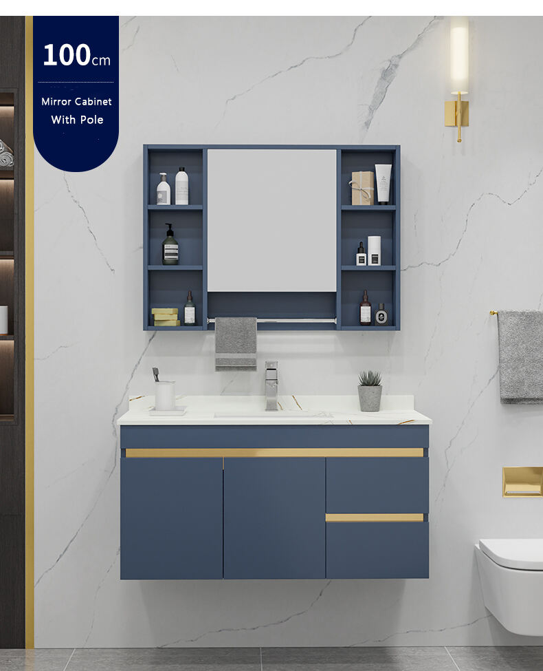 Modern European Blue Gold Design Wall Mount Bathroom Vanity Cabinet Basin Mirror Set Waterproof Bathroom Wash Basin Cabinet factory