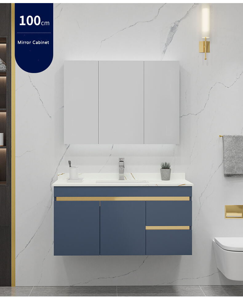 Modern European Blue Gold Design Wall Mount Bathroom Vanity Cabinet Basin Mirror Set Waterproof Bathroom Wash Basin Cabinet factory