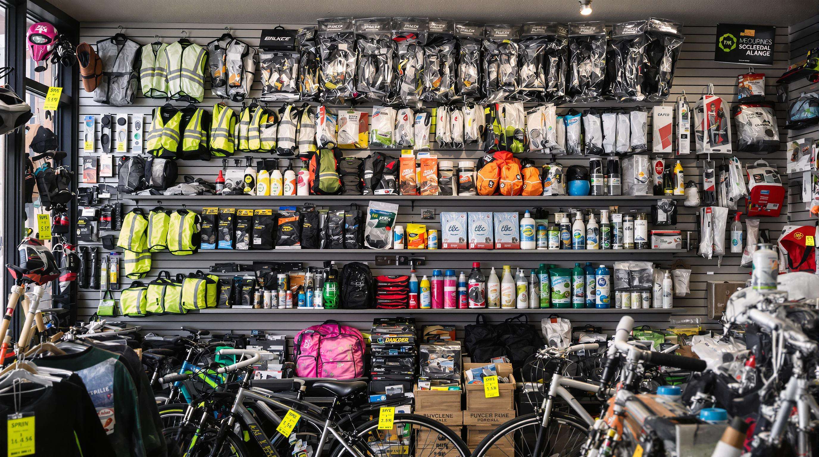 A photorealistic city bike shop interior displaying seasonal bicycle accessories for spring, autumn, and winter.