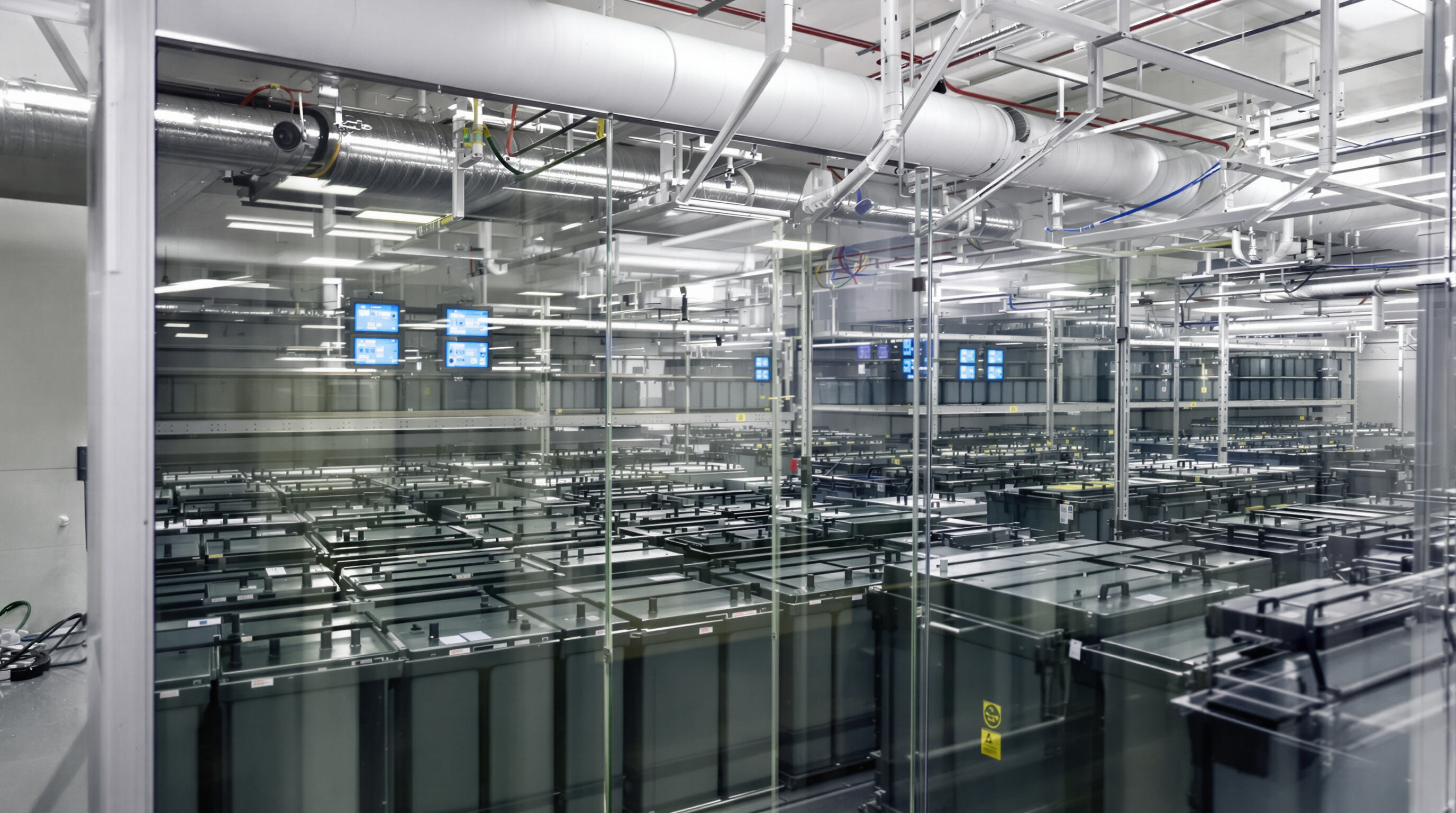 Photo of e-bike batteries stored on shelves in a well-lit, climate-controlled warehouse with visible HVAC system