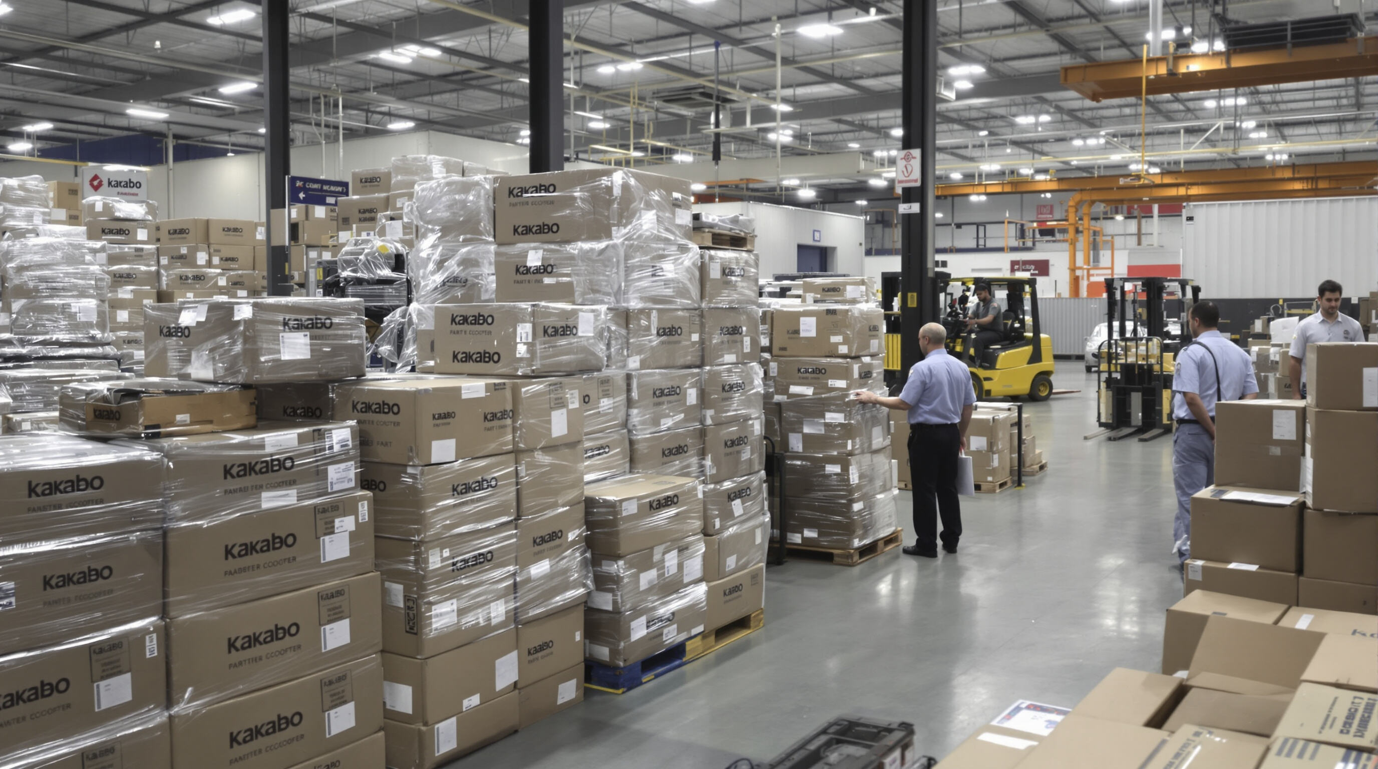 Warehouse with Kaabo scooter parts in crates being inspected by customs officials, containers and forklifts visible