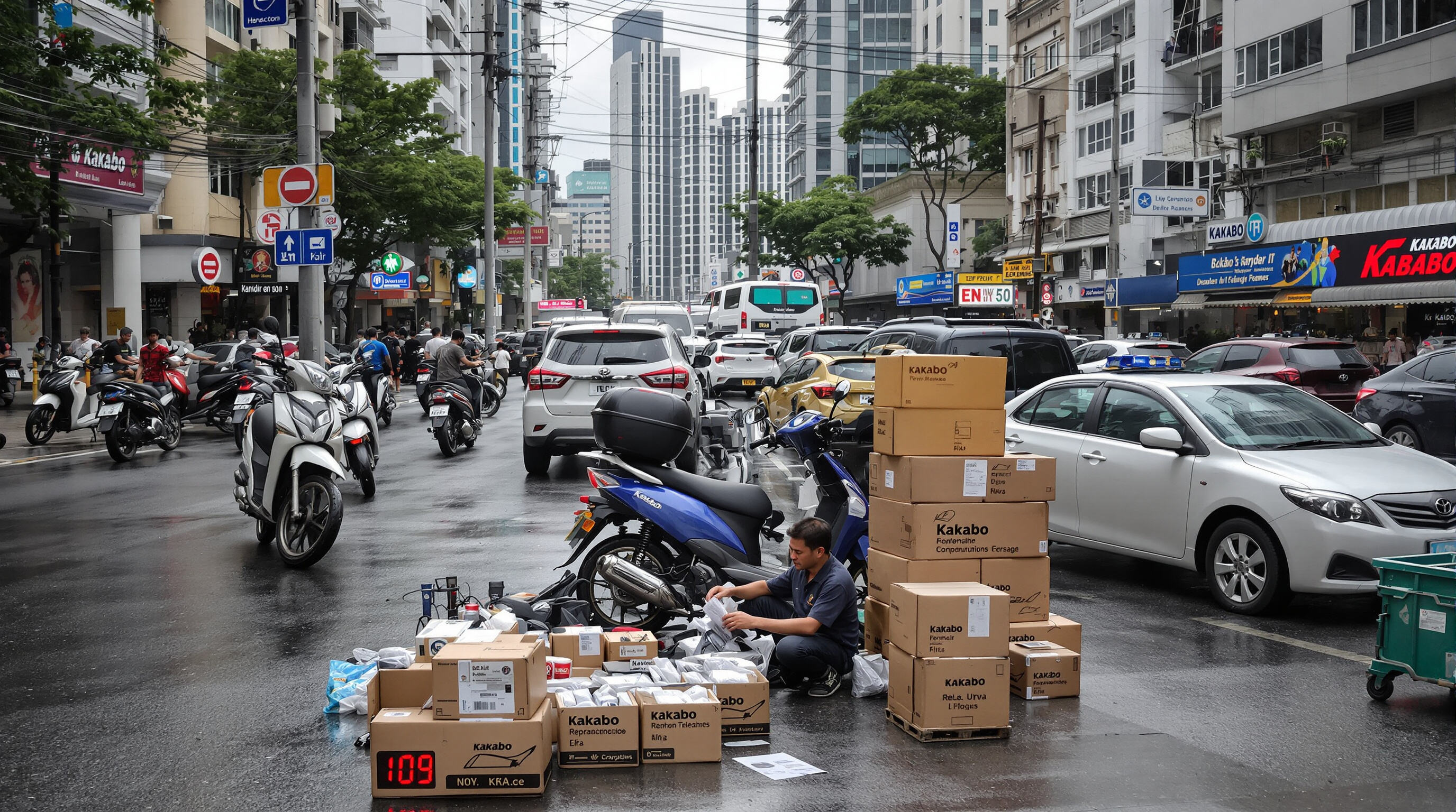 Mechanic examining Kaabo scooter parts on a city street in Jakarta amid crowded traffic and modern buildings