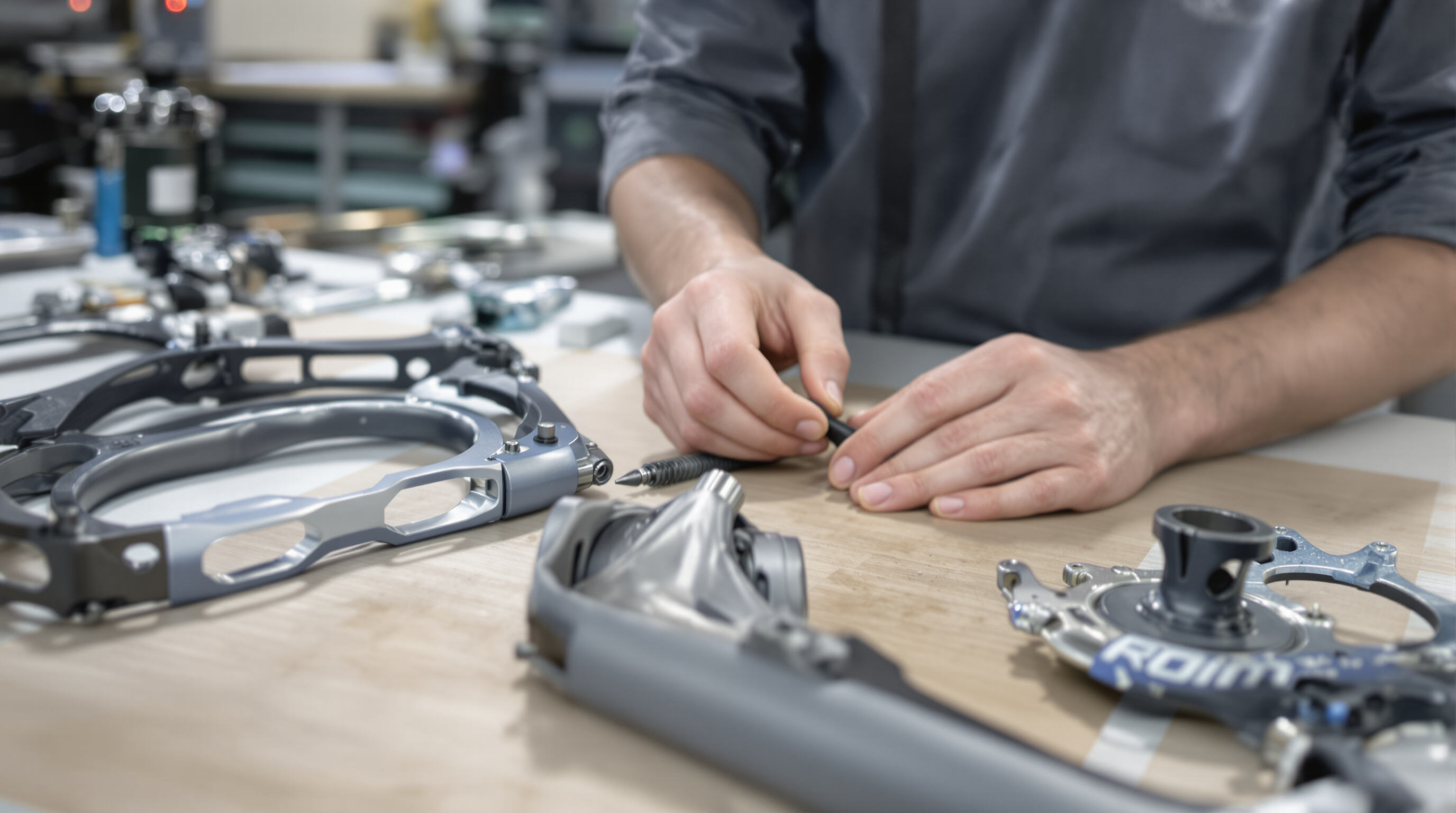 Close-up of premium carbon fiber and titanium bike parts being inspected in a workshop