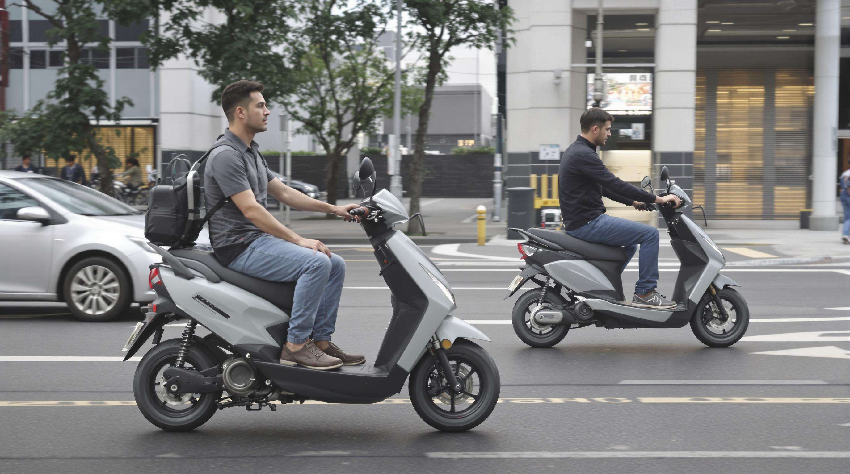 Two electric scooter riders on a city street, one with solid tires and one with tubeless tires, showing clear differences in ride comfort and stability