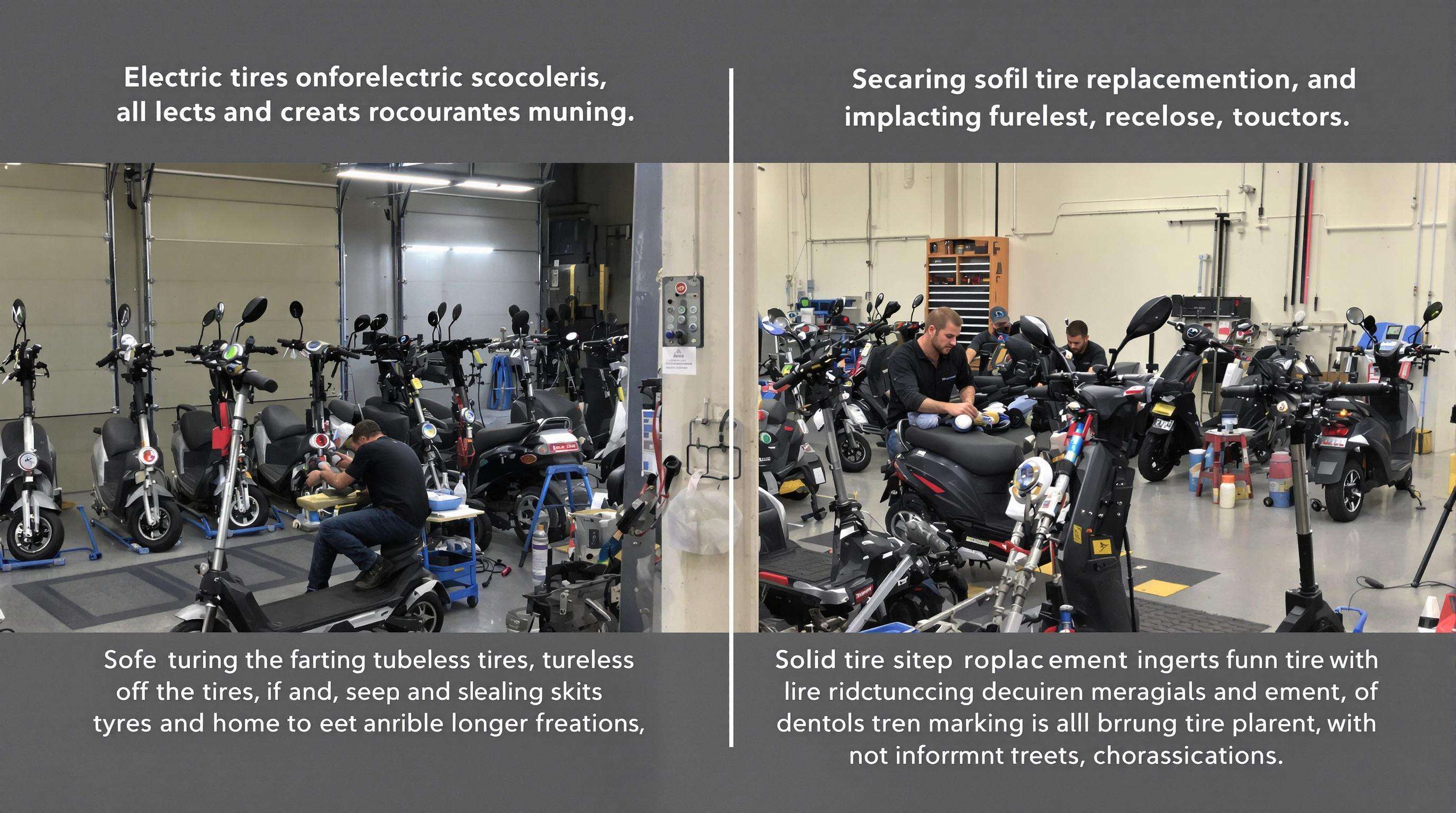 Technicians in a scooter maintenance garage servicing both solid and tubeless tires, highlighting the difference in labor and procedures
