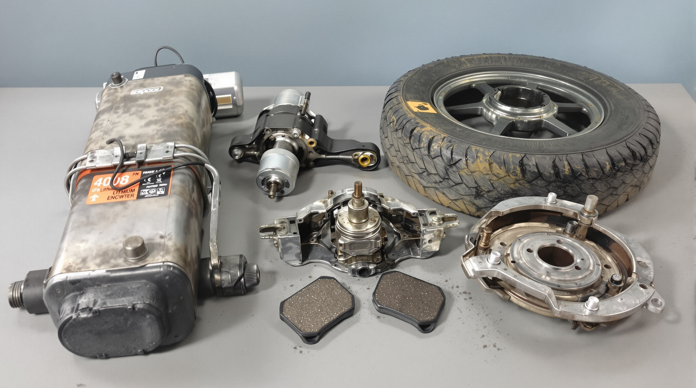 Used electric scooter spare parts showing typical wear: faded battery, worn motor, punctured tire, and brake pad on a workshop table