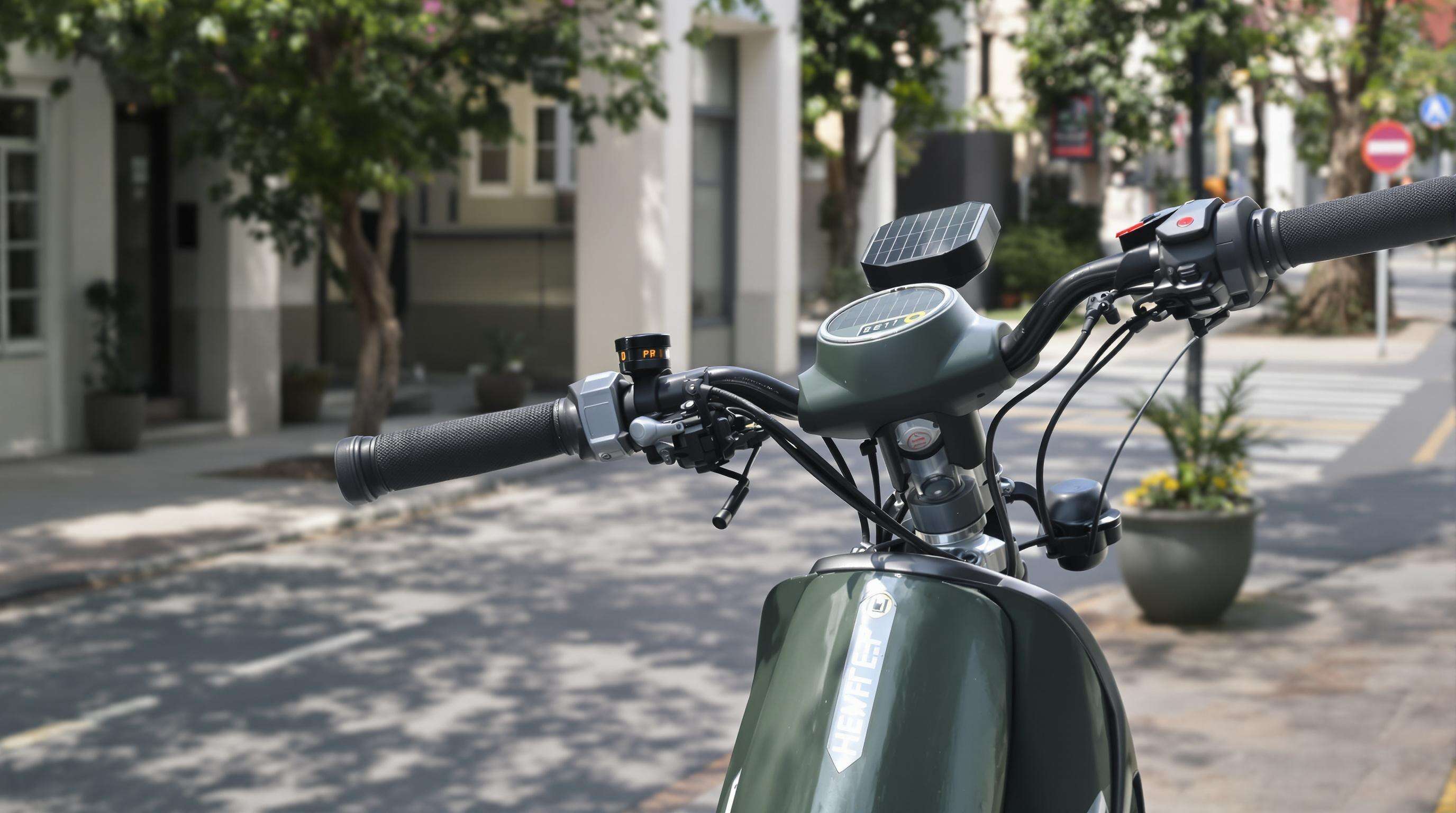 Electric scooter with solar charger, advanced handlebars, and braking system in an urban setting