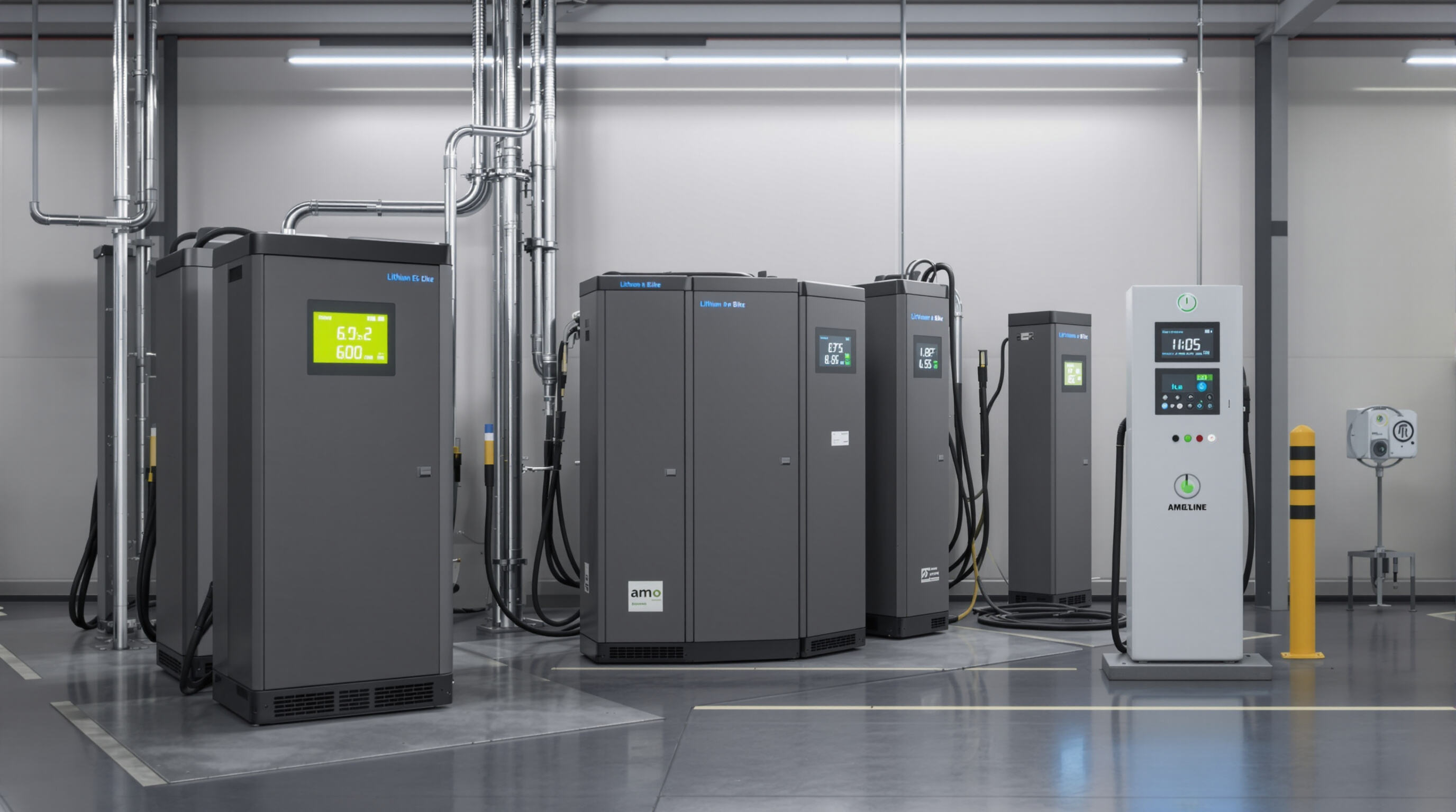 Photorealistic scene of e-bike batteries being charged to mid-level in a controlled warehouse environment