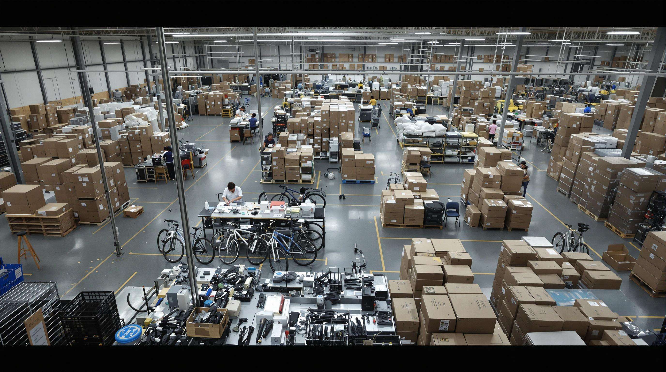 A photorealistic factory scene showing workers assembling bicycle accessories and handling large seasonal order volumes.