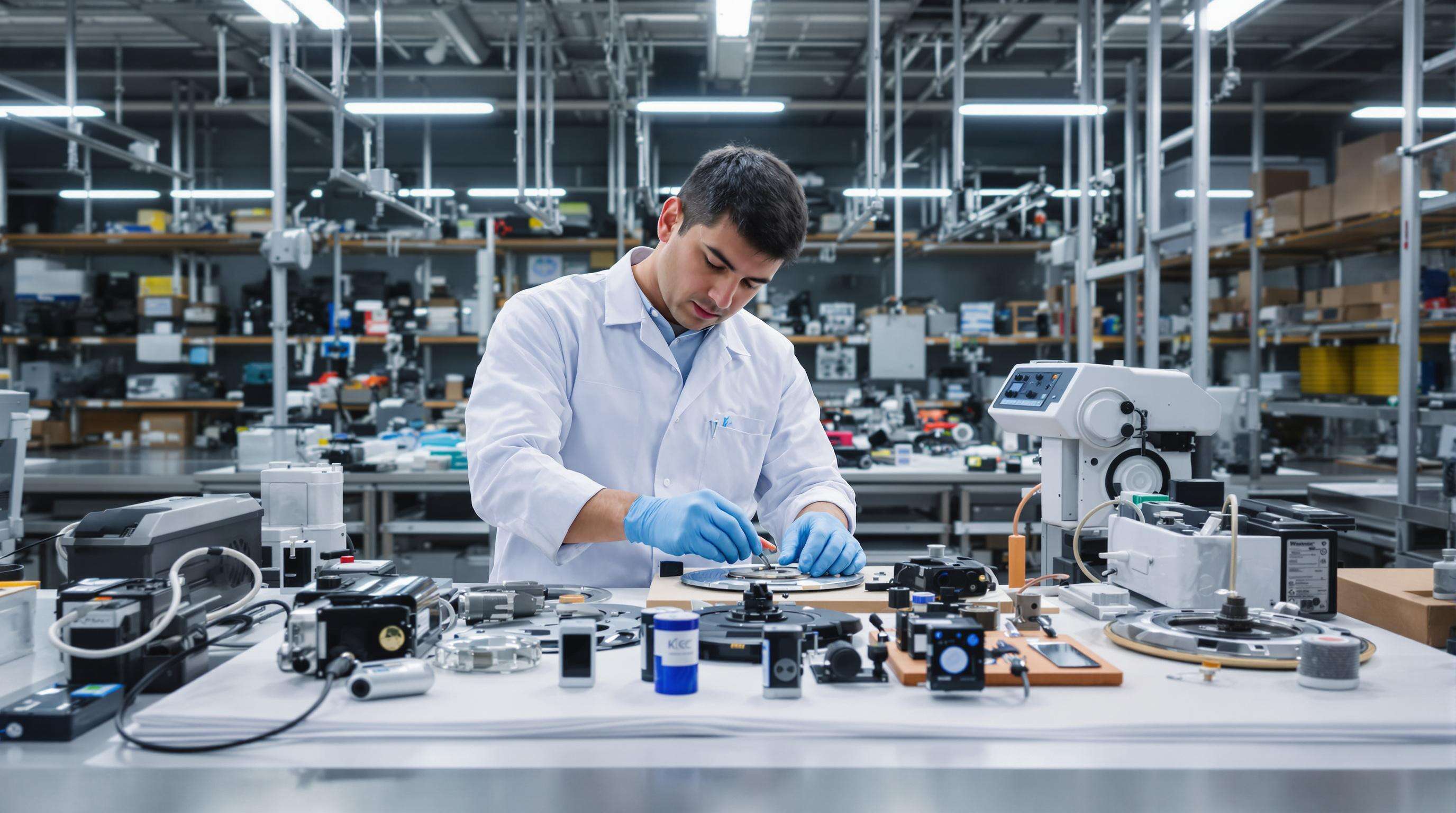 Lab inspector examining electric scooter parts for quality control in a clean testing facility