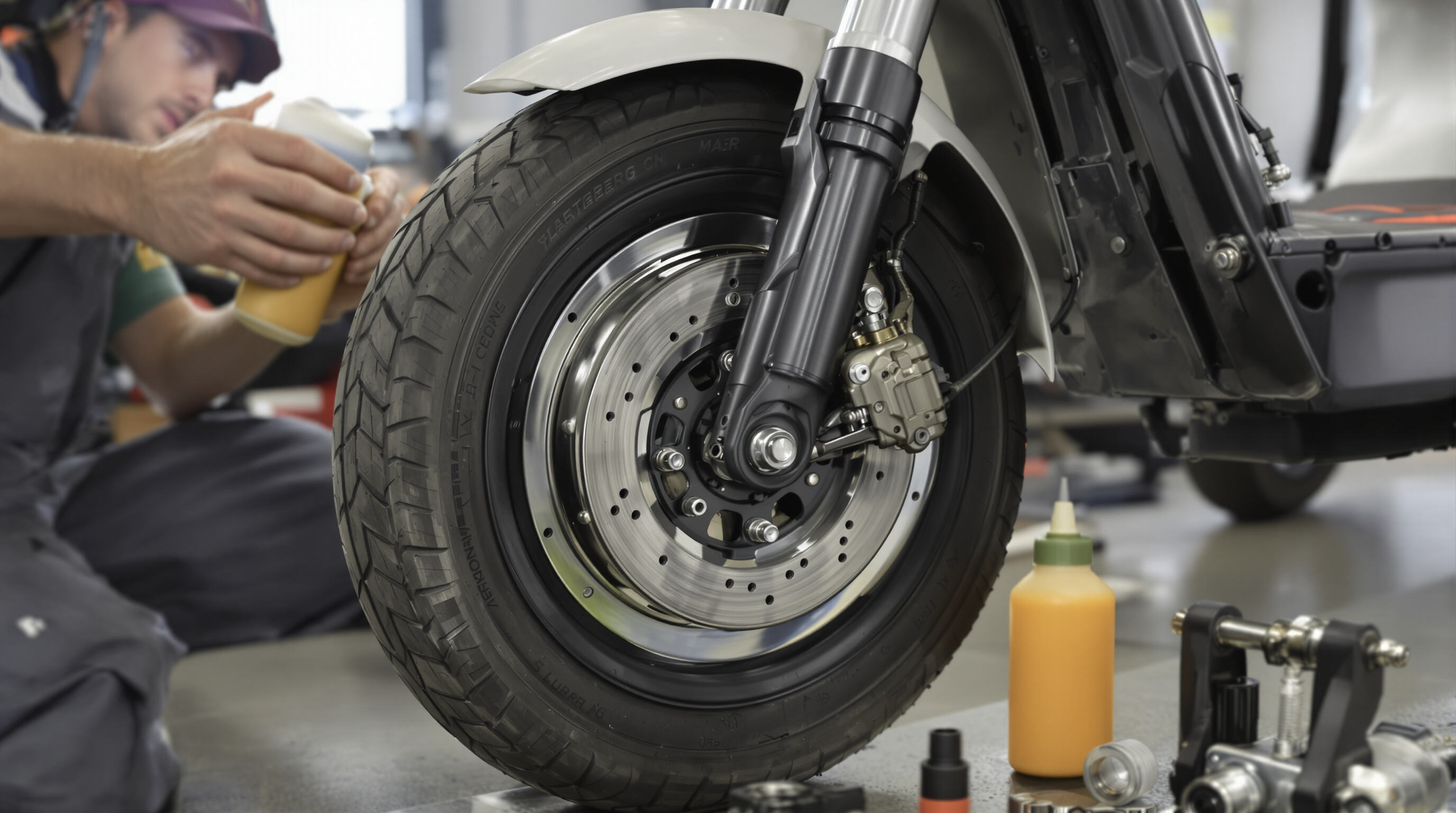 Mechanic maintaining an electric scooter, lubricating wheel bearings and testing brakes, spare parts and tools in view