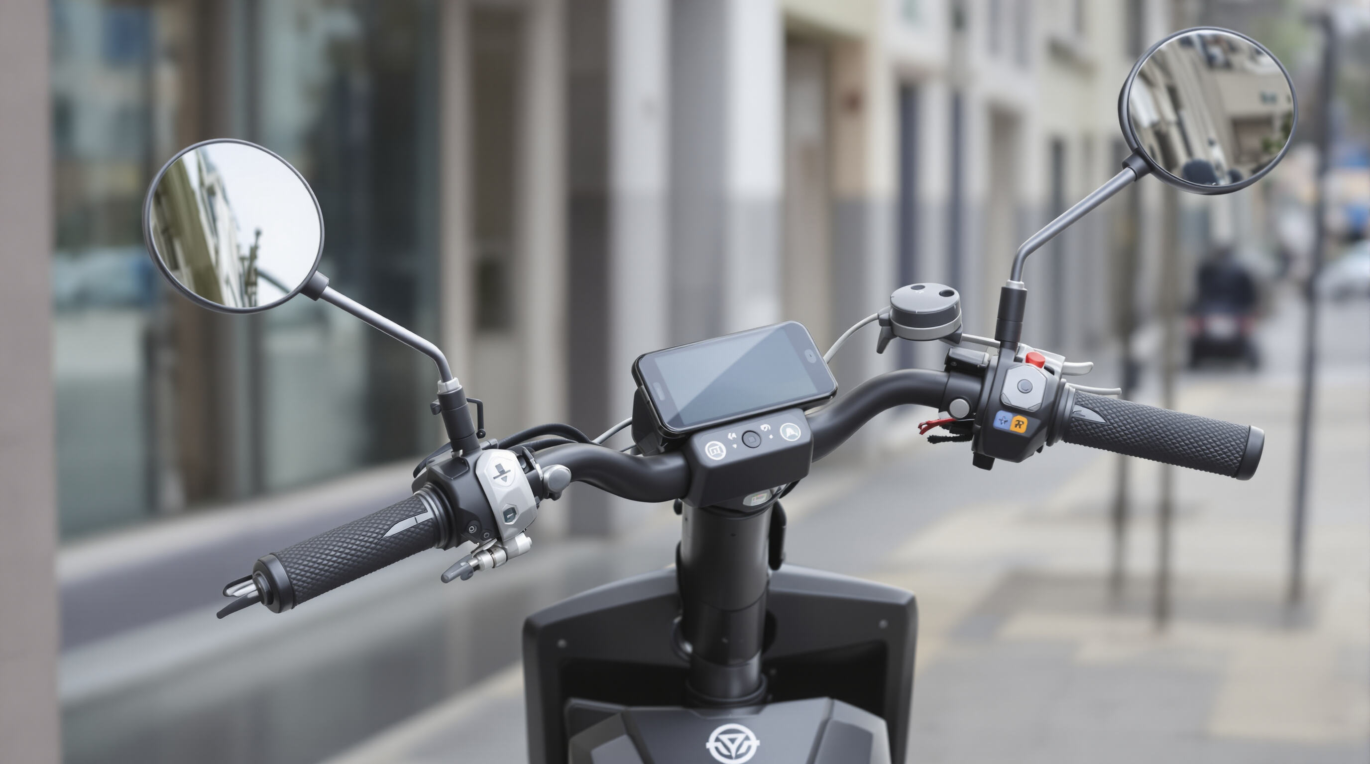 Photo of a city scooter with smart, IoT-enabled accessories parked on an urban street.