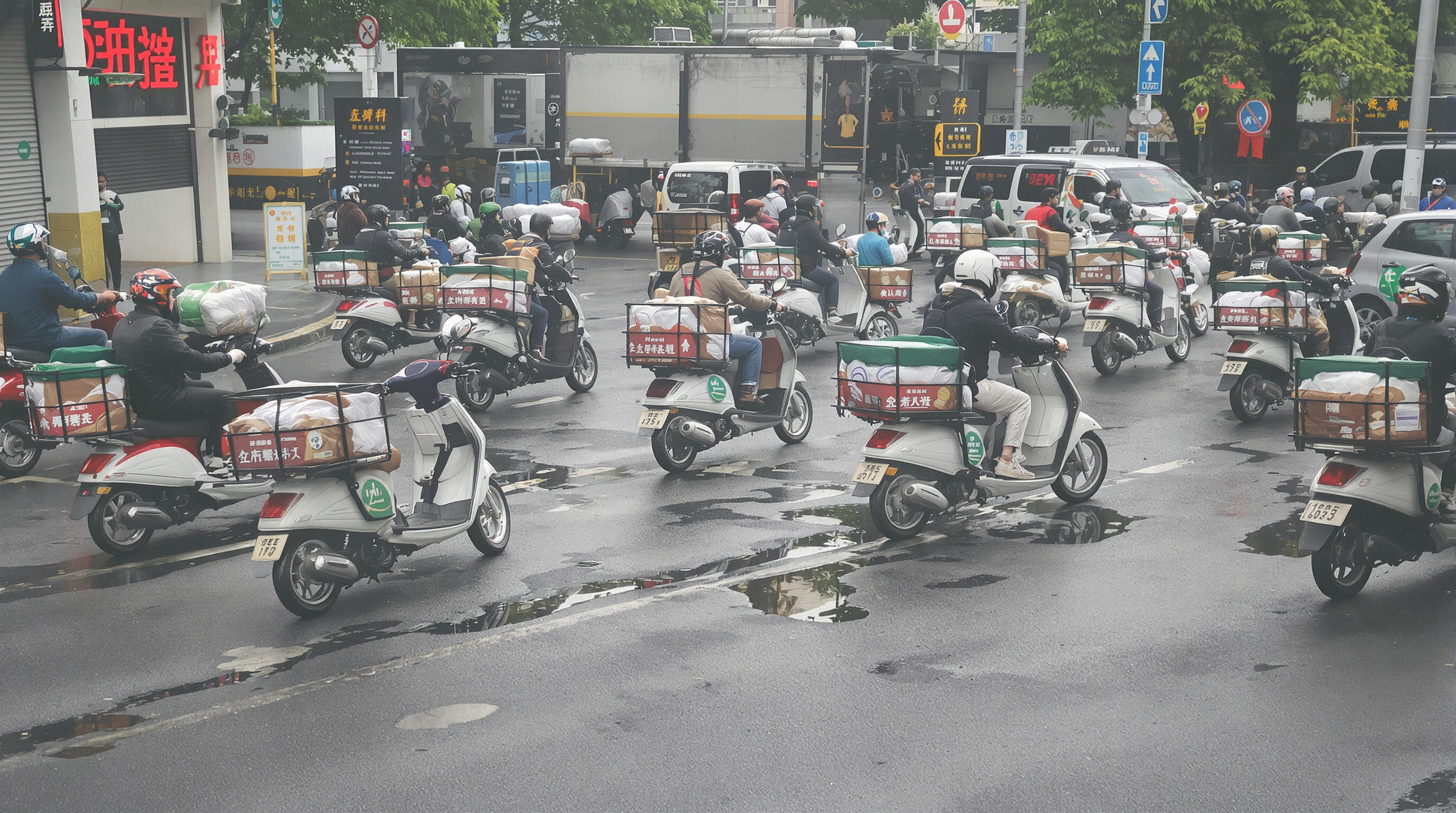 Delivery scooters navigating busy city traffic with visible brake wear factors like wet roads and heavy cargo.