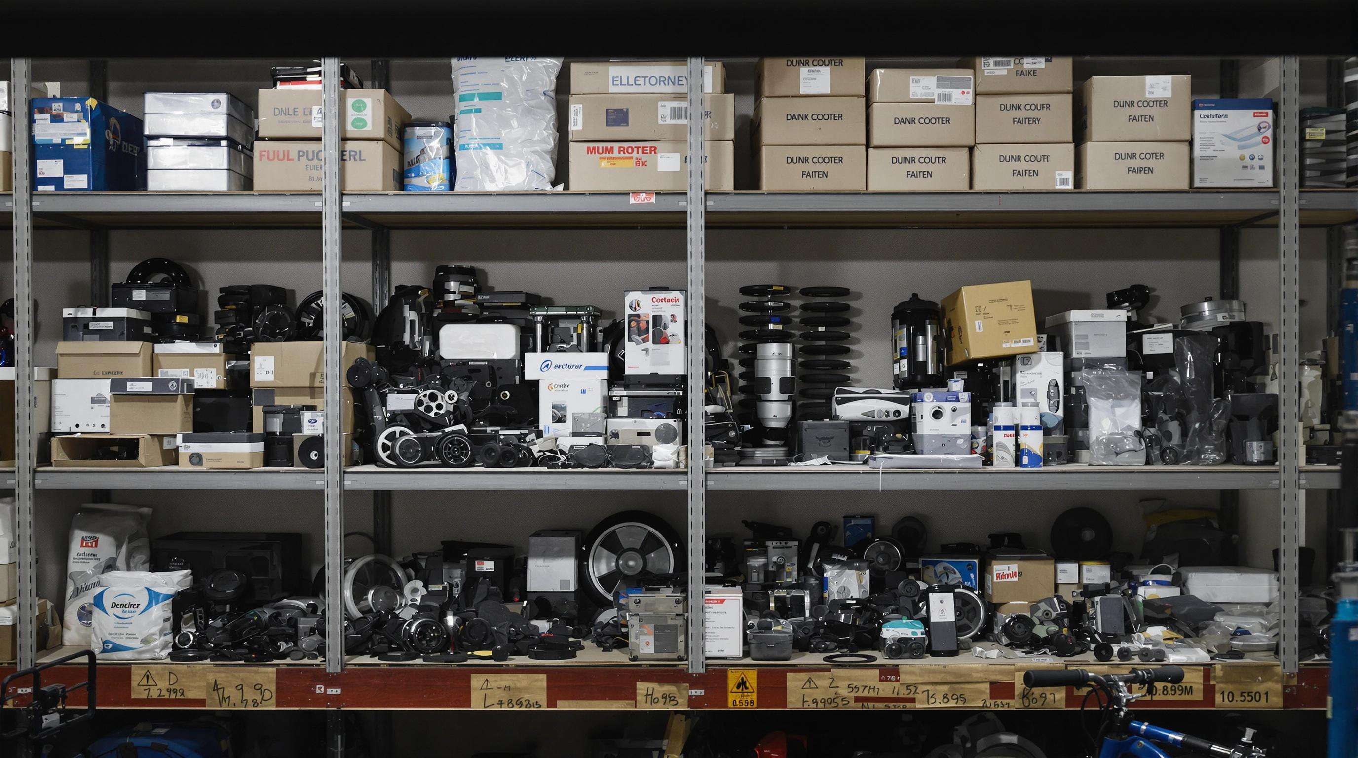 Shelves stocked with assorted electric scooter spare parts inside an urban warehouse