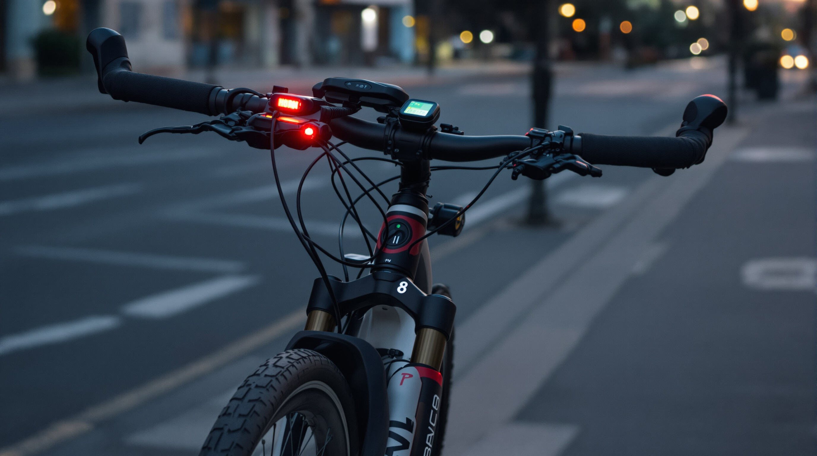 Modern bicycle with smart electronic accessories on a city street at dusk