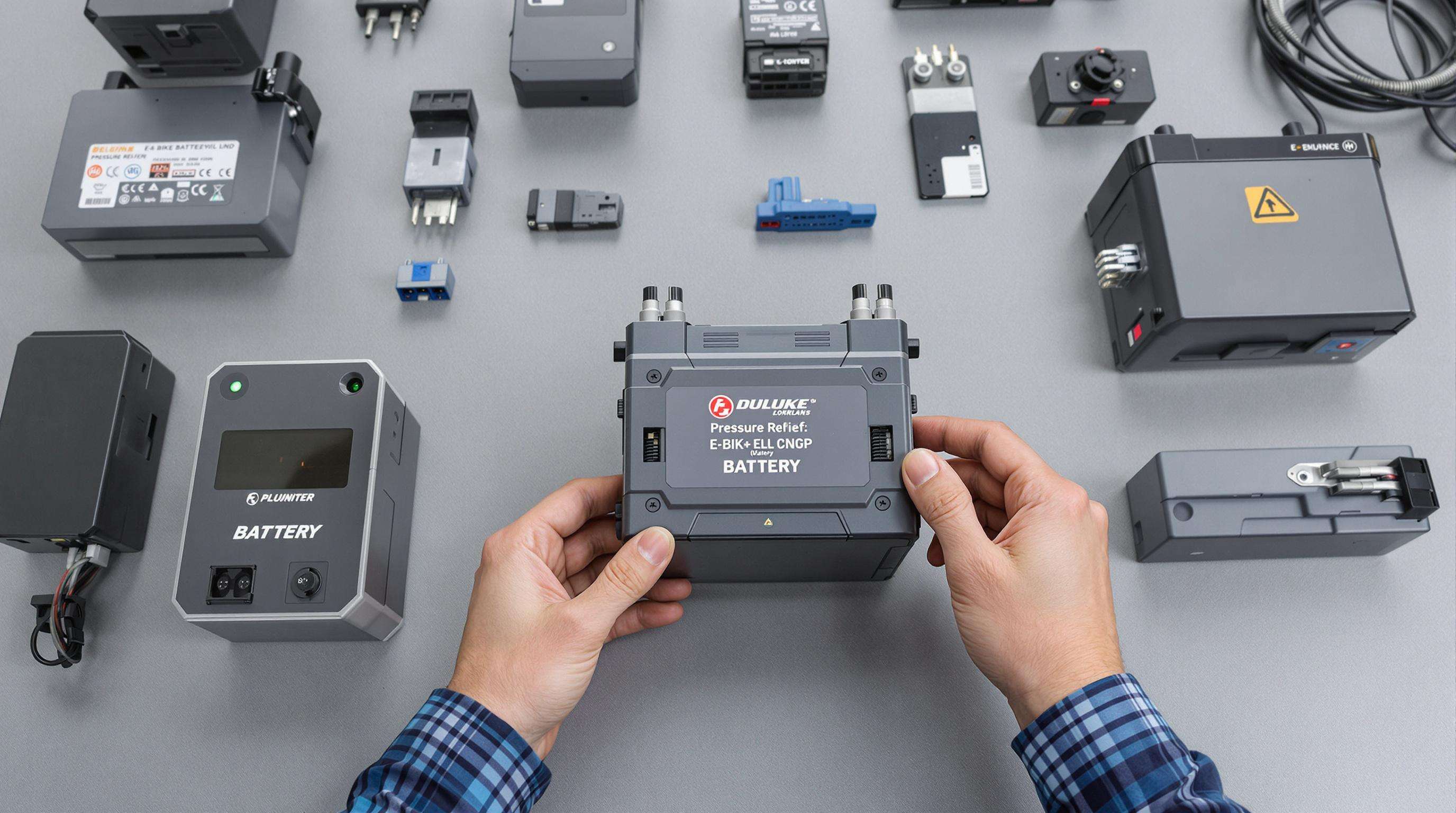 Photorealistic scene showing modular e-bike batteries with different connectors and a technician inspecting safety features