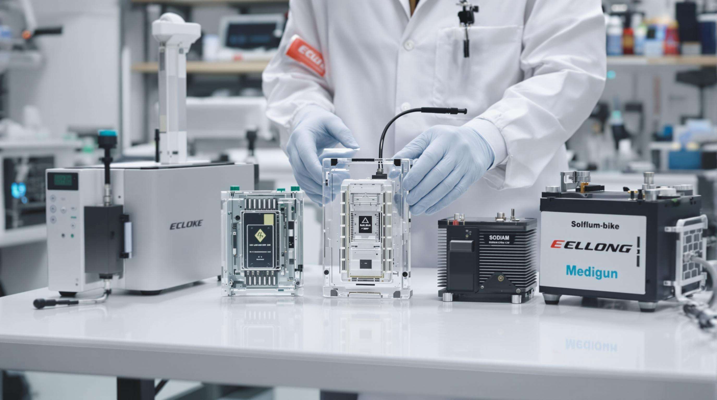 Photorealistic lab scene displaying advanced e-bike batteries, including solid-state and sodium-ion cells, with testing equipment