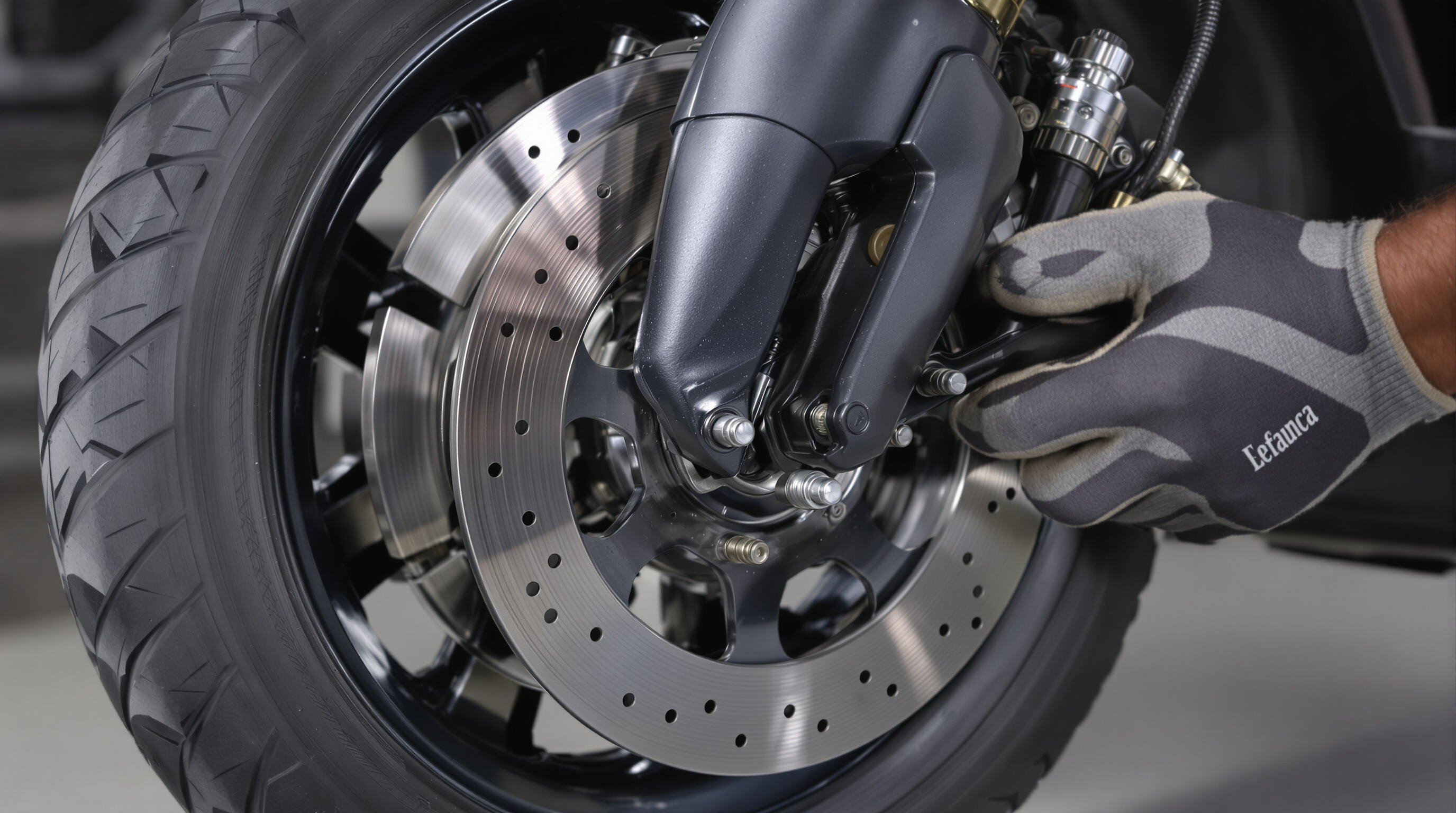 Electric delivery scooter disc brake system in close-up during operation.