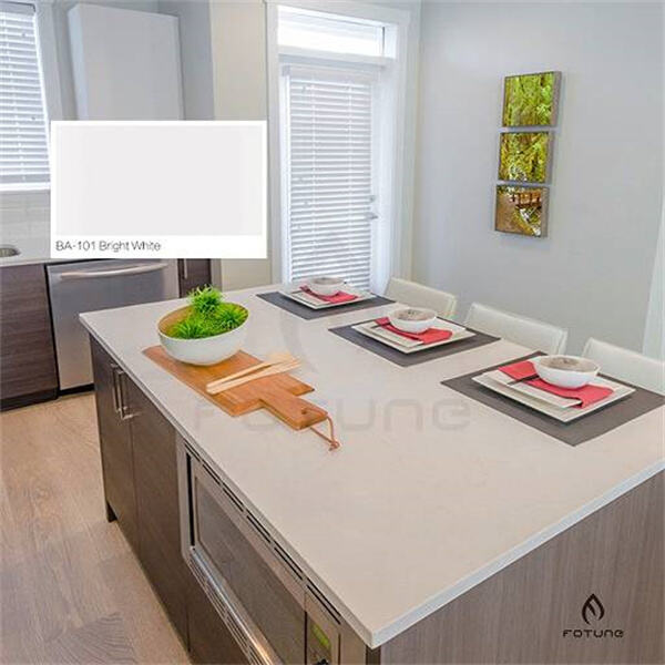 A quartz countertop island