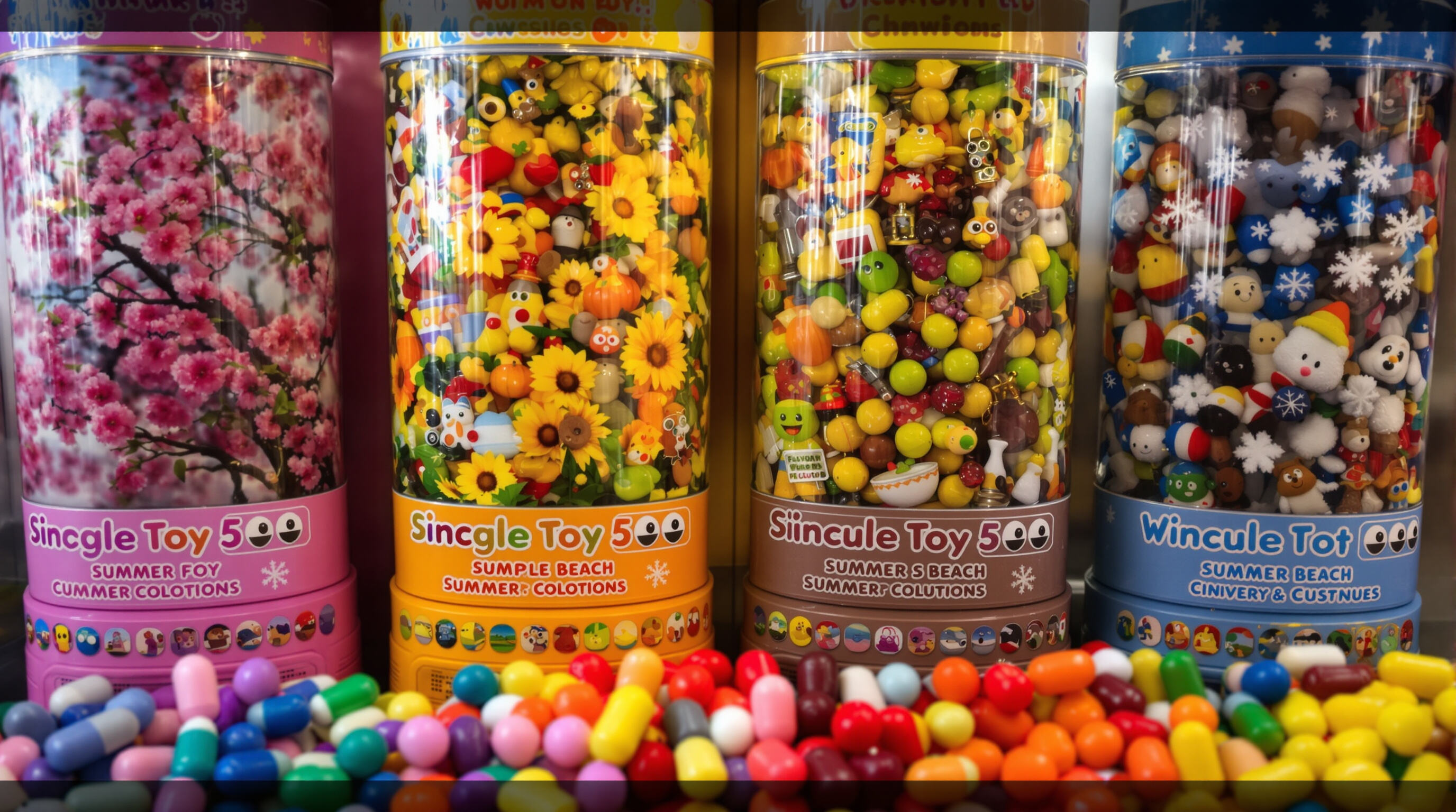 Capsule machine slots with spring, summer, autumn, and winter-themed toys