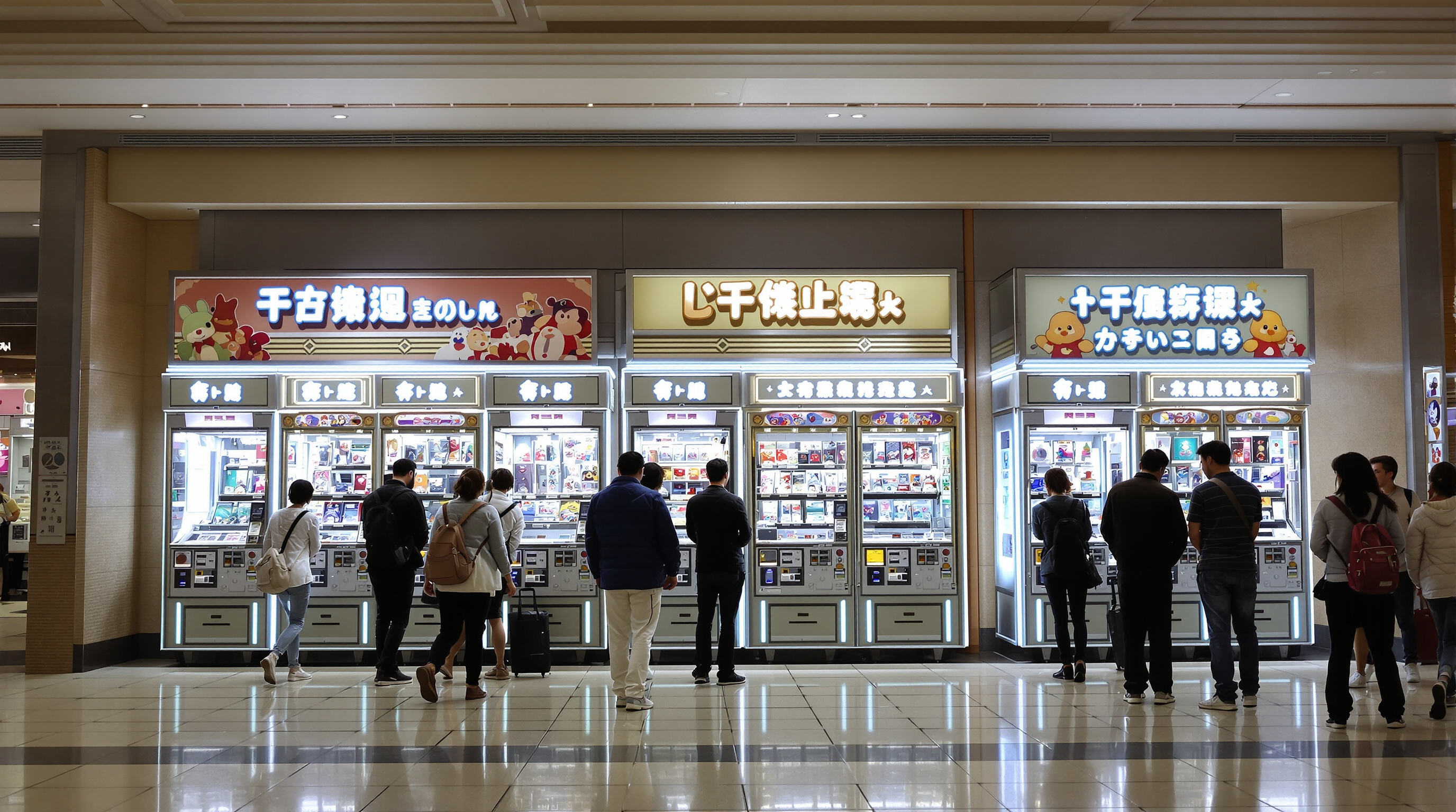 Gashapon machines at a busy mall entrance, set at ideal height and lighting for maximum visibility