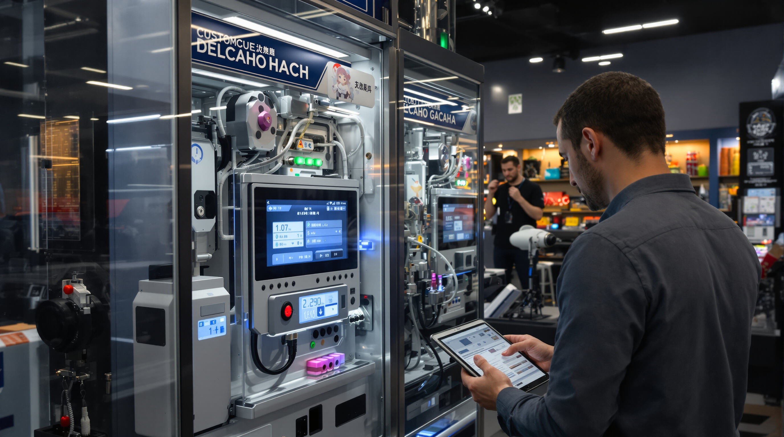 Technician monitors a smart gacha machine with IoT features in a modern store