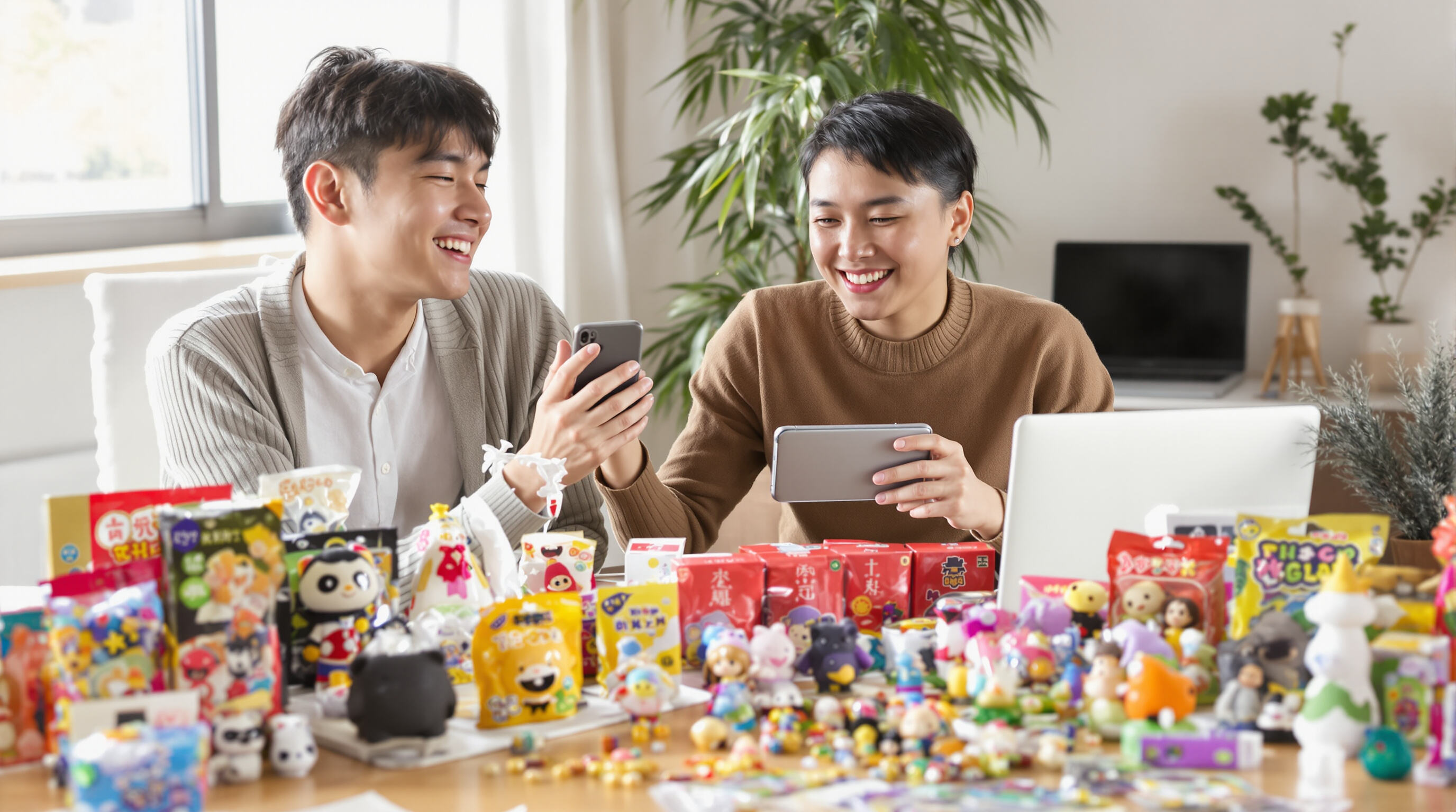 Two people displaying gashapon capsule collections while filming with a smartphone indoors