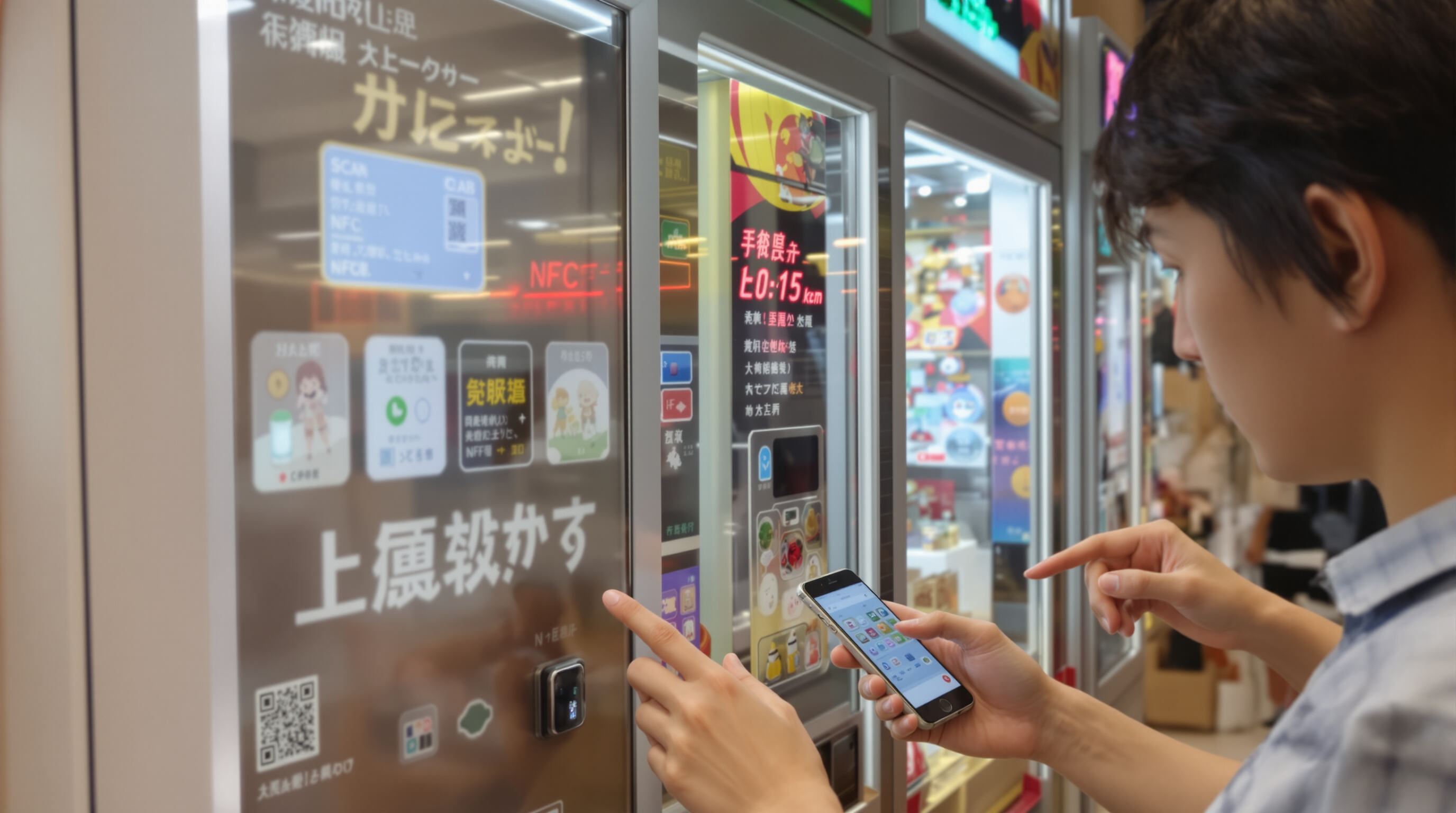 People using digital payments like QR codes and NFC at a gachapon machine in an arcade setting